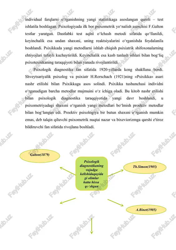 nila boshlandi. (amerikalik psixolog g.murray(1935, 1943)ning tematik appertseptsion testi (tat), nemis psixologi s.rosenswegning frustratsiyaga bo‘lgan reaktsiyani o‘rganish bo‘yicha testi va boshqalar.) shaxsiy savolnomalar (mmri, 16 pf) keng tarqaldi. sobiq ittifoqda psixikka va eksperimental psixologaya fanining taqdiri rus psixologiyasida diagnostik metodlardan foydalanish o‘z tarixiga ega. bu jarayonda shartli ravishda 2 bosqichni ajratish mumkin. birinchi bosqich o‘tgan asr 20-yillarining boshidan 30 yillar o‘rtasigacha bo‘lgan davrni o‘z ichiga oladi. bu davrda pedagogika va psixotexnikada test metodlari keng tarqaldi. bunga bog‘liq ravishda pedalogiya – bola haqidagi fan rivojlana boshlandi. uning predmeti – bolalar hayotini o‘rganish, irsiyatning rolini, jismoniy va ma'naviy taraqqiyot qonunlarini aniqlash, bolalar psixikasida kasallik ko‘rinishlarini o‘rganishdan iborat (k.n.kornilov, 1917). bu davrda psixologik diagnostikaning rivojlanishiga m.s.bernshteyn, l.s.vigotskiy, p.p.blonskiy, s.g.gellershteyn, n.d.levitov, g.i.rossolimo, p.i.shpilreyn, a.m.shubert va boshqalar katta hissa qo‘shdilar. olimlar tomonidan ilgari surilgan qator ilg‘or fikrlar keyinchalik rivojlantirilmadi, chunki 1936 yildan keyin bu sohadagi barcha tadqiqotlar to‘xtatildi va psixikkaning keyingi rivojlanishiga jiddiy to‘siq yuzaga …