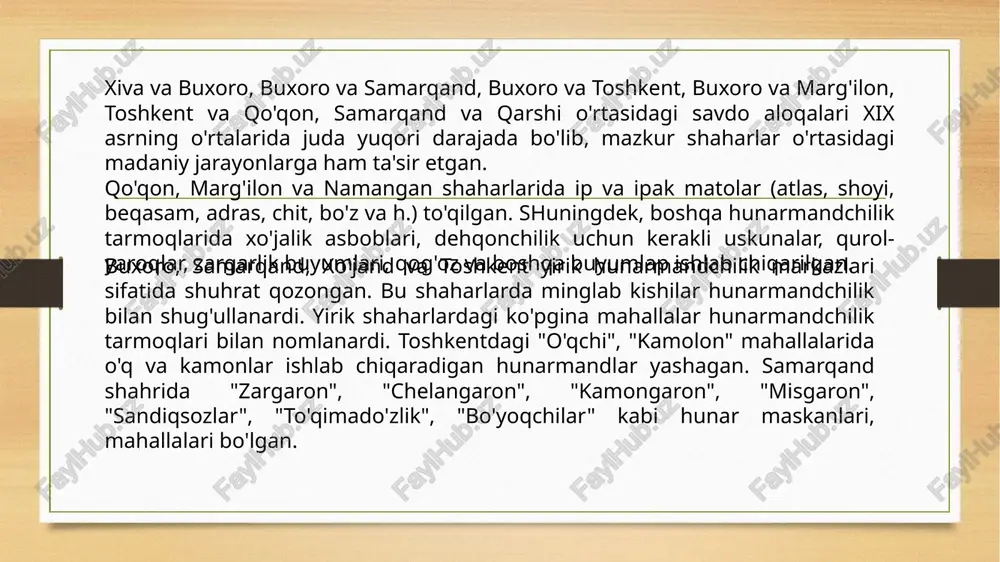 klar bo'lgan. jussasi kichkina bo'lishiga qaramay eshaklar yuk ko'tarishda qariyb otlarga tenglashgan. ular ham otlarga ortilgan yuklarni bemalol tashiy olgan va karvon yo'lining barcha qiyinchiliklagiga (suvsizlik, qattiq, dag'al xashakni iste'mol qilish) tuyadek chidamli bo'lgan. odatda eshakka 4-5 pud yuk ortilgan. o'rta osiyo xonliklarining o'zaro savdosida ko'mir va tuz bilan savdo qilish o'ziga xos rivojlangan. xiva xonligi va buxoro amirligida saksovuldan toshko'mir tayyorlangan. amudaryo bo'ylab uch-o'choq, qizilrabot, sartarosh degan joylarda saksovulni olovda kuydirib toshko'mir hosil qilingan. xiva xoni har yili 4 marta toshko'mñ tashib keltirish uchun amudagyo qigg'oqlagiga 10 tagacha qayiq-kemalar jo'natib turgan. bu paytda sharqiy buxoroda ham toshko'mir tayyorlanib, mamlakat ichki bozorlarida sotilgan. amudaryo bo'ylab, petro-aleksandrovskdan 30 verst (verst - uzunlik o'lchov biriigi bo'lib, 1,0668 km.ga teng masofada, dagyoning chap qigg'oqida tuz yuklaydigan pgistan bo' lib, undan yiliga o'rtacha 500 qayiq tuz yuklanib qo'ng'irot va boshqa joyla^a sotilgan. qo'qon xonligini buxoro amirligini boqlagan ikki yirik karvon yo'li mavjud edi. ulardan …