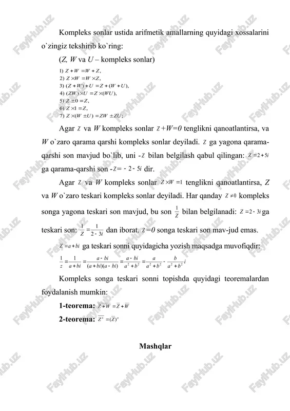 ozing va zw hamda amallarni bajaring. 1) z=1+i; 2) z=2-2i; 3) z=3+3i; w=i 4) z=2i; w=-4+4i. 97. a) z kompleks son berilgan. z3, z4, z6 topilsin: 1) z=1-i; 2) z=i. b) quyidagi sonlarni algebraik ko`rinishda yozing. javoblar: kompleks sondan kvadrat ildiz chiqarish kompleks son z dan kvadrat ildiz deb, w2=z tenglikni qanoatlantiradigan har qanday kompleks songa aytiladi. umuman z dan n-natural darajali ildiz deb, wn=z tenglamani qanoatlantiruvchi har qanday w kompleks songa aytiladi. agar z=0 bo`lsa, wn=0 tenglik faqat w=0 uchun bajariladi. agar z≠0 bo`lsa, wn=z tenglama n ta har xil qiymatlarda bajariladi: agar z=r(cosφ+isinφ) berilgan bo`lsa wn=z tenglamaning ildizlari quyidagi formuladan topiladi: bu formulada k ga ketma-ket 0, 1, 2, …n-1 qiymatlarni berib wk uchun n ta har xil qiymat hosil qilamiz. k ning boshqa qiymatlarida wk qiymati oldin hosil bo`lgan qiymatlaridan birortasiga teng bo`ladi. misol. ning barcha wk (k=0, 1) qiymatlarini toping. yechish: mashqlar 98. ni hisoblang, agar: …