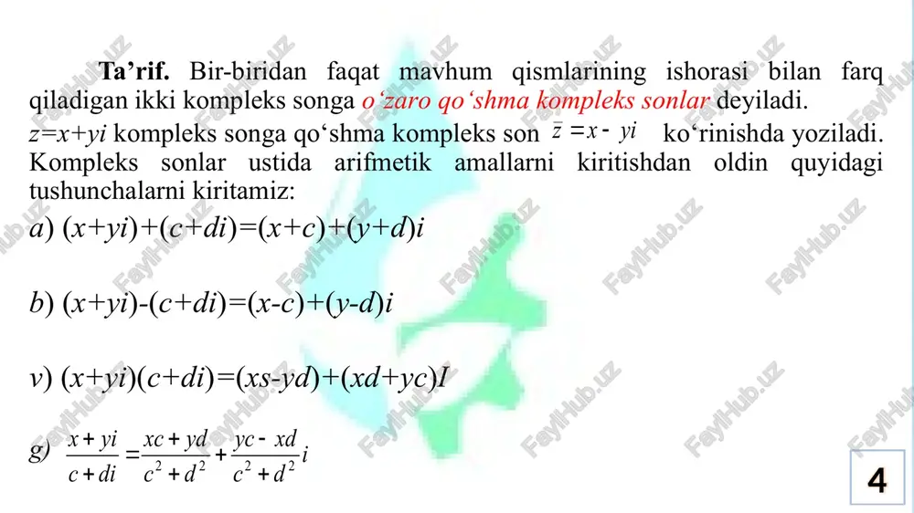 lang. yechish. a) ma’lumki, bundan (6) formulaga asosan, ko‘rinishdagi parametrik tenglama hosil bo‘ladi. bundan t ni topamiz va ko‘rinishdagi ellips hosil bo‘ladi. 21 b) berilgan tenglamaga asosan ko‘rinishdagi parametrik tenglama hosil bo‘ladi. bu yerdan t ni topamiz va ko‘rinishdagi uchi pastga qaragan parabola tenglamasi ekanligi kelib chiqadi. 3-misol. quyidagi tenglamalar bilan berilgan chiziqlarni z kompleks tekisligida yasang. 22 yechish. modul ta’rifidan foydalanib, yoki bundan radiusi 3 ga va markazi (-4, 2) nuqtada bo‘lgan aylana tenglamasi kelib chiqadi. -4 2 2 -4 x y 0 3-chizma 23 b) z=x+iy dan demak, bu yerdan, ekanligi kelib chiqadi. bu esa radiusi va markazi (-1, -1,5) nuqtada bo‘lgan aylana tenglamasidir. 24 -1 -1.5 x y 0 4-chizma 4-misol. limitlarni hisoblang 1) 2) yechish. 1) 25 2) 26 27 adabiyotlar: azlarov t., mansurov x. ,matematik analiz,t.: «o'qituvchi». 1 t: 1994 y. azlarov t., mansurov x. ,matematik analiz,t.: «o'qituvchi». 2 t: 1995 y. ayupov sh.a., berdiqulov …