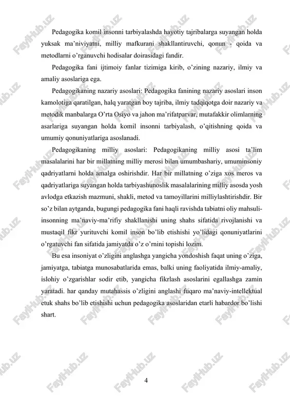 i, usullari va muammolarini o’rganadi. tarbiya – muayyan aniq maqsad hamda ijtimoiy – tarixiy tajriba asosida yosh avlodni har tomonlama o’stirish, uning ongi, hulq-atvori va dunyoqarashini tarkib toptirish jarayonidir. tarbiya nazariyasi sharq mutafakkirlari va xalq pedagogikasining tarbiya borasidagi boy tajribalariga tayanadi. tarbiya nazariyasi o’z qoidalarini asoslash uchun falsafa, sotsiologiya, etika, estetika, fiziologiya, psixologiya kabi fanlarning ma’lumotlaridan foydalanadi. tarbiya nazariyasi pedagogikaning boshqa bo’limlari: umumiy asoslari, ta’lim nazariyasi va halq ta’limi tizimini boshqarish bilan uzviy bog’liq. tarbiya jarayonining mazmuni. turli zamon va makonda ijtimoiy tarbiya mohiyati turlicha bo’lib, uning mazmuni ijtimoiy maqsadlardan kelib chiqib asoslangan. tarbiya g’oyasi turlicha ifodalangan bo’lsada, ammo yo’naltiruvchanlik hususiyati hamda ob’ektiga ko’ra yakdillikni ifoda etadi. tarbiya hususida taniqli o’zbek pedagogi abdulla avloniy shunday degan: “al-hosil, tarbiya bizlar uchun yo hayot, yo mamot, yo najot - yo falokat, yo saodat - yo halokat masalasidur’ . ushbu fikrlardan anglaniladiki, shaxs tarbiyasi xususiy ish emas, balki ijtimoiy, milliy ishdir. zero, har …
