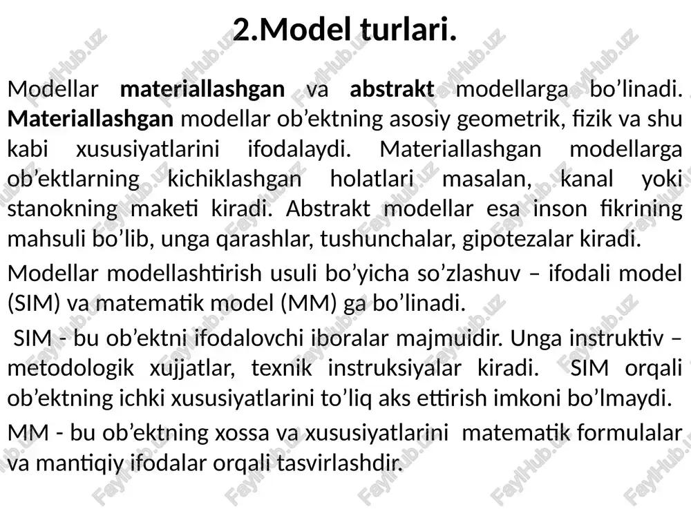 bo’lsa, olingan natijalar haqiqiy natijalarga yetarlicha yaqin bo’ladi, ya’ni model adekvat bo’ladi. ob’ektning adekvat matematik modelini tuzish uchun, birinchidan ob’ektning barcha xossa va xususiyatlarini to’liq o’rganish kerak bo’lsa, ikkinchidan bu xususiyatlarning barchasi qurilgan matematik modelda o’z aksini topgan bo’lishi zarur. shu bilan birga matematik modelni yechishda foydalaniladigan yechish usuli yetarlicha aniqlikka ega bo’lishi talab etiladi. /docprops/thumbnail.jpeg