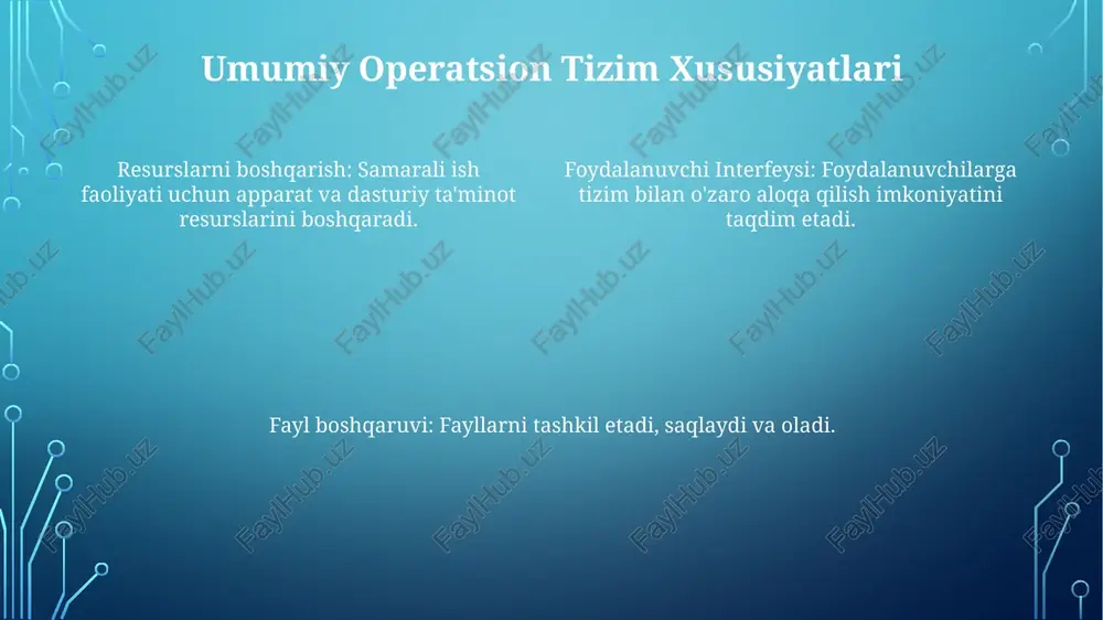 n tizimlarda qo'llaniladi. kompyuter operatsion tizimlari (ot): uskuna va dasturiy ta'minot resurslarini boshqaradi, tizim bilan o'zaro ta'sir qilish uchun foydalanuvchi interfeysi taqdim etadi. mobil qurilma operatsion tizimlari (os): mobil qurilmalar uchun maxsus os, teginishli ekran kiritish, ulanish va mobil ilovalar kabi xususiyatlarni taqdim etadi. foydalanuvchi interfeysi foydalanuvchi interfeysi: kompyuter tizimi bilan o'zaro ta'sir qilish usuli. operatsion tizim: qurilmaning apparat va dasturiy ta'minotini boshqaradi. mobil qurilma os: smartfonlar va planshetlar uchun maxsus os. e'tiboringiz uchun rahmat @taqdimot_robot image1.png image2.png image3.png image4.png image5.png