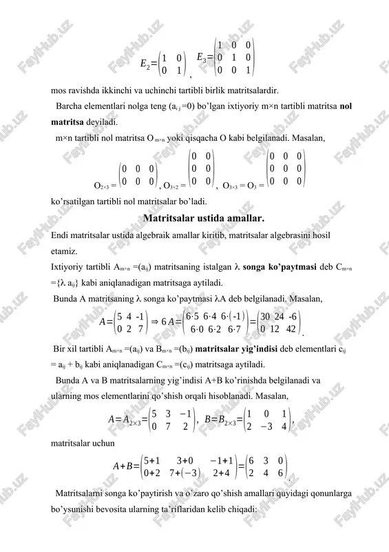 a ushbu xossalarga ega bo’ladi: i. a(vs)=(av)s , (a)v=a(v) (ko’paytirish uchun assotsiativlik qonuni); ii. a(v+s) = av + as (ko’paytirish va qo’shish amallari (a+v) s = as + vs uchun distributivlik qonunlari); iii. ae = ea = a , o·a = o, a·o = o , 0·a= o . bunda e va o mos ravishda tegishli tartibli birlik va nol matritsalarni ifodalaydi. matritsa ko’paytmasi ta’rifidan ko’rinadiki, har qanday n-tartibli a kvadrat matritsani o’ziga–o’zini ko’paytirish mumkin va natijada yana n-tartibli kvadrat matritsa hosil bo’ladi. a kvadrat matritsani o’zaro m marta (m – birdan katta ixtiyoriy natural son) ko’paytirish natijasida hosil bo’lgan kvadrat matritsa a matritsaning m- darajasi deyiladi. a matritsaning m- darajasi am kabi belgilanadi. bunda a0=e va a1=a deb olinib, am daraja ixtiyoriy nomanfiy butun m soni uchun aniqlanadi. bu holda am daraja ta’rifdan uning quyidagi xossalari bevosita kelib chiqadi (m,k-natural sonlar, λ-haqiqiy son): shunday qilib, har qanday kvadrat matritsa …
