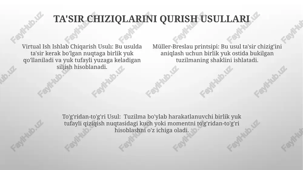 qo'llaniladi. trusslar va terminlar: truss - bu qattiq tuzilmani hosil qiluvchi o'zaro bog'langan elementlardan iborat bo'lgan strukturaviy ramka bo'lib, odatda uchburchak shaklida bo'ladi. asosiy atamalar: bo'g'inlar, elementlar va yuklar. truss a'zolariga qo'llaniladigan yuklar uchun ta'sir chiziqlarini qurish: ta'sir chiziqlari birlik yuk tuzilma bo'ylab harakatlanganda truss a'zosida ma'lum bir kuch yoki momentning o'zgarishini grafik ravishda tasvirlaydi. xulosa va kelajak rejalar turli truss a'zolarining xususiyatlari va tayanch sharoitlarining ta'sir chizig'i shakllariga ta'sirini o'rganish, dinamik yuklar ostida strukturaviy xulq-atvorni tushunishni yanada yaxshilaydi. kelajakdagi tadqiqotlar ta'sir chiziqlarini murakkab truss geometriyalariga qo'llashni o'rganishi va, ayniqsa, katta miqyosli inshootlar uchun ta'sir chiziqlarini yaratishning avtomatlashtirilgan usullarini ishlab chiqishni o'rganishi kerak. ta'sir chiziqlari truss tuzilmalarini tahlil qilishda qimmatli vosita bo'lib, turli yuklanish sharoitlarida maksimal kuchlar va momentlarni samarali aniqlashni osonlashtiradi. e'tiboringiz uchun rahmat @taqdimot_robot image1.png image2.png image3.png