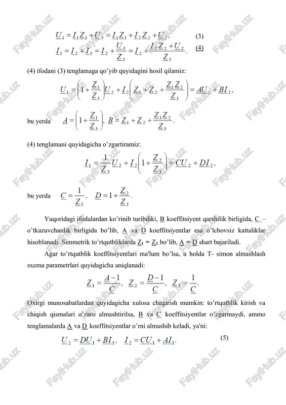 anganligini inobatga olsak, unda a, b, c, d koeffitsiyentlarni topish mumkin. (7). (10) tenglamalarni a d – b c =1 tenglama bilan birgalikda yechib, quyidagilarni hosil qilamiz: shunday qilib, to’rtqutblikning a, b, c, d koeffitsiyentlarini aniqlash uchun yuqorida keltirilgan tajribalardan uchtasini, simmetrik to’rtqutblik uchun esa ikkitasini o’tkazish kifoya. to’rtqutblikning salt ishlash va qisqa tutashishi (1) va (2) tenglamalardan ko’rinib turibdiki, to’rtqutblik kirishidagi kuchlanish ham tok ham ikkita tashkil etuvchidan iborat bo’lib, ulardan biri u2 kuchlanishga, ikkinchisi esa i2 tokka proporsional. to’rtqutblikning ikkita: salt ish va qisqa tutashish chegaraviy rejiminlarini ko’rib chiqamiz. salt ish rejimida to’rtqutblik chiqishidagi kuchlanish uning normal ish rejimidagi nominal kuchlanishga, qisqa tutashish rejimida to’rtqutblik chiqish toki normal ish rejimidagi tokka teng qilib olinadi: (11) (11) va (5) tenglamalarni o’zaro taqqoslab, u1 kuchlanish va i1 tok salt ish va qisqa tutashish rejimlaridagi mos ravishda kuchlanishlar va toklar yig’indisiga tengligiga ishonch hosil qilish mumkin, ya'ni: shunday qilib, to’rtqutblik kirish …