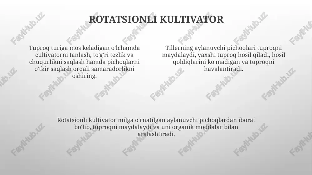 kuchi bilan samaradorlikni oshirish mumkin. tuproqni kesish va maydalash qattiqlashgan tuproqni yumshatishning asosiy haydash jarayonlari hisoblanadi. traktor kuchi, asbob hajmi va ish tezligini optimallashtirish orqali samaradorlik oshiriladi. birlamchi shudgorlash texnikasi g'ov, disk va chisel g'ov kabi asboblarni ishlatadi. tuproq aralashtirish va havalandırish birlamchi shudgorlash mashinalari tuproqni yumshatadi va ag'daradi, uni ekishga tayyorlaydi. to'g'ri vosita tanlash, chuqurlikni boshqarish va o'z vaqtida ishlash samaradorlikni oshiradi. tuproqni aralashtirish va havalandırish tuproq tuzilishini, ozuqa moddalarining taqsimlanishini va ildizlarning o'sishiga yaxshi ta'sir qiladi. maydon sharoitlari samaradorlik: chuqurlik, tezlik va asbob sozlamalarini optimallashtirish yoqilg'i sarfini va tuproq buzilishini kamaytirishga yordam beradi. maydon sharoitlari: tuproq namligi, qoldiq qoplama va siqilish sharoitlari shudgorlash samaradorligiga sezilarli ta'sir ko'rsatadi. tuproqni ishlovchi asboblar ma'lum tuproq turlari va sharoitlari uchun mo'ljallangan. e'tiboringiz uchun rahmat @taqdimot_robot image1.png image2.png image3.png
