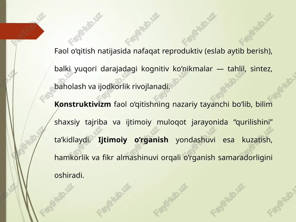 sh individual refleksiya: “bugun nimani o‘rgandim? qanday metod menga yordam berdi? qaysi qadamni boshqacha qilaman?” guruh refleksiyasi: “nimalar yaxshi ishladi? qaysi bosqichda qiyinchilik bo‘ldi? yechim nima?” o‘qituvchi refleksiyasi: darsdan so‘ng 3–5 daqiqa yozma qayd (nima ishladi/ishlamadi, keyingi safar nima o‘zgartiriladi). sifatni oshirish bo‘yicha tavsiyalar maqsadlar smart formatida bo‘lsin (aniq, o‘lchanadigan, erishiladigan, dolzarb, vaqtli). metod tanlashda mazmun–resurs–vaqt cheklovlarini hisobga oling. akademik halollik qoidalarini doimiy eslatib boring; manba ko‘rsatish madaniyatini shakllantiring. har darsda kamida bitta formativ texnika va bitta refleksiya usulini qo‘llang. /docprops/thumbnail.jpeg