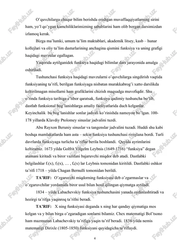 elgilashlar f1(x), f2(x), … , fn(x) lar leybnis tomonidan kiritildi. dastlabki oshkor ta’rifi 1718 – yilda chagan bernulli tomonidan berildi. ta’rif: o’zgaruvchi miqdorning funksiyasi deb o’zgarmaslar va o’zgaruvchilar yordamida biror usul bilan hosil qilingan qiymatga aytiladi. 1834 – yilda labachevskiy funksiya tushunchasini yanada oydinlashtiradi va hozirgi ta’rifga yaqinroq ta’rifni beradi. ta’rif: x ning funksiyasi deganda x ning har qanday qiymatiga mos kelgan va y bilan birga o’zgaradigan sonlarni bilamiz. chex matematigi bol’tsono ham mazmunan labachevskiy ta’rifiga yaqin ta’rif beradi. 1834-yilda nemis matematigi dirixle (1805-1850) funksiyani quyidagicha ta’riflaydi. ta’rif: y ni x o’zgaruvchining [a, b] oraliqdagi funksiyasi deyiladi, agar x ning har bir qiymatiga y ning aniq bir qiymati mos kelsa. to’plamlar nazariyasi yaratilishi bilan uning ijodkorlari nemis matematigi g. kontor, r. yulitse, dedikind funksiya tushunchasining umumlashmasi- akslantirishga ta’rif berdilar. ta’rif: x va y to’plamlar berilgan bo’lsin. x to’plamni y to’plamga akslantirish f berilgan deyiladi. agarda x to’plamning har qanday x …