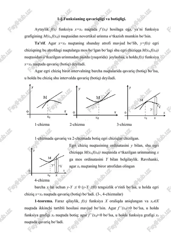 botiq bo‘ladi. teoremaning ikkinchi qismi shunga o‘xshash isbotlanadi. agar biror intervalda f’’(x)>0 ( f’’(x) 0 bo‘lsa, y’’>0, agar x 0 tengsizlikni yechamiz, uning yechimi (-1,0)(1,+) to‘plamdan iborat. demak, funksiya (-1,0)(1,+) to‘plamda musbat va (-,-1)(0,1) to‘plamda manfiy qiymatlar qabul qiladi. 4) og‘ma asimptotaning burchak koeffitsientini topamiz: k== =(x2-1)=. demak, og‘ma asimptota mavjud emas. vertikal asimtotalar ham mavjud emas (chunki, uzilish nuqtalari yo‘q). 5) funksiya hosilasini topamiz: y’=3x2-1.hosilani nolga tenglashtirib statsionar nuqtalarini topamiz: y’=0 yoki 3x2-1=0, bundan x=-1/, x=1/. ushbu (39-a-chizma) sxemani chizamiz, va intervallar metodidan foydalanib funksiya hosilasining ishoralarini aniilaymiz. bundan funksiya(-,-1/) va (1/,+) intervallarda monoton o‘suvchi, (-1/,1/) intervalda monoton kamayuvchi; x=-1/ nuqtada maksimumga, x=1/nuqtada minimumga ega ekanligi kelib chiqadi. ekstremum nuqtalarida funksiya qiymatlarini hisoblaymiz: agar xmax=-1/ bo‘lsa, u holda ymax=2/(3); agar xmin=1/ bo‘lsa, u holda ymin=-2/(3) bo‘ladi. 6) ikkinchi tartibli hosilani topamiz: y’’=6x. ikkinchi tartibli hosilani nolga tenglashtirib y’’=6x=0, x=0 ekanligini topamiz. sxemani (39-b-chizma) chizamiz va hosil bo‘lgan intervallarda ikkinchi …