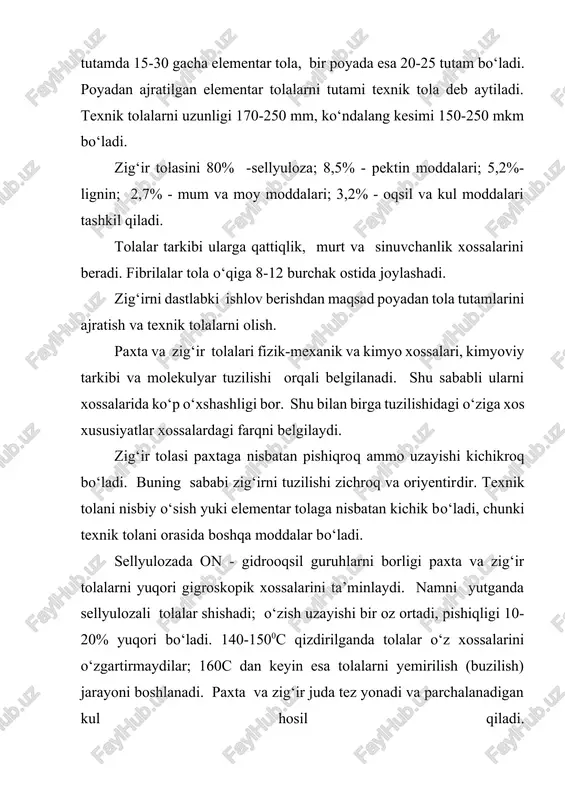 shga imkoniyat yaratadi. hayvonot olamidan olinadigan tolalarning asosiy moddasi - oqsillar (junda - keratin, ipakda - fibroin va seritsin). tabiiy oqsillarning makromolekulalari turli aminokislotalarni qoldiqlaridan (20ga yaqin) tashkil topadi, ular peptid aloqalari (-conh-) yordamida birlashadilar: (-co-ch –nhco-ch-nh-) │ │ r r oqsillar aminokislotalar turi, ularning soni va makromolekulada joylashishi bo‘yicha farqlanadilar. jun keratinida asosan aspargin, glutamin, sistin, serin, leysin kislotalari uchraydi. fibroin va seritsin esa asosan glitsin, alanin, serinlardan tashkil topadi. keratin makromolekulasi zvenolar soni 600-700, fibroin va seritsinda esa 300ga yaqin. oqsil makromolekulalari tarmoqli tuzilishga ega. jun tolasi deb turli xayvonlarning pustini qoplagan tolalarga aytiladi. to‘qimachilik sanoati uchun asosan qo‘y juni ishlatiladi. junda keratindan (90%) tashqari mineral, mum va moy moddalari, pigmentlar bo‘ladi. keratinning tuzilishi murakkab va notekis bo‘ladi. hozirgi tushuncha bo‘yicha uchta spiralsimon makromolekula bitta protofibrillani hosil qiladi (trossga uxshash). 11ta protofibrilla mikrofibrillani hosil qiladilar. mikrofibrillalar fibrillani hosil qiladilar. fibrilla tuzilishida kristall va amorf joylari bo‘ladi. jun tolasi …