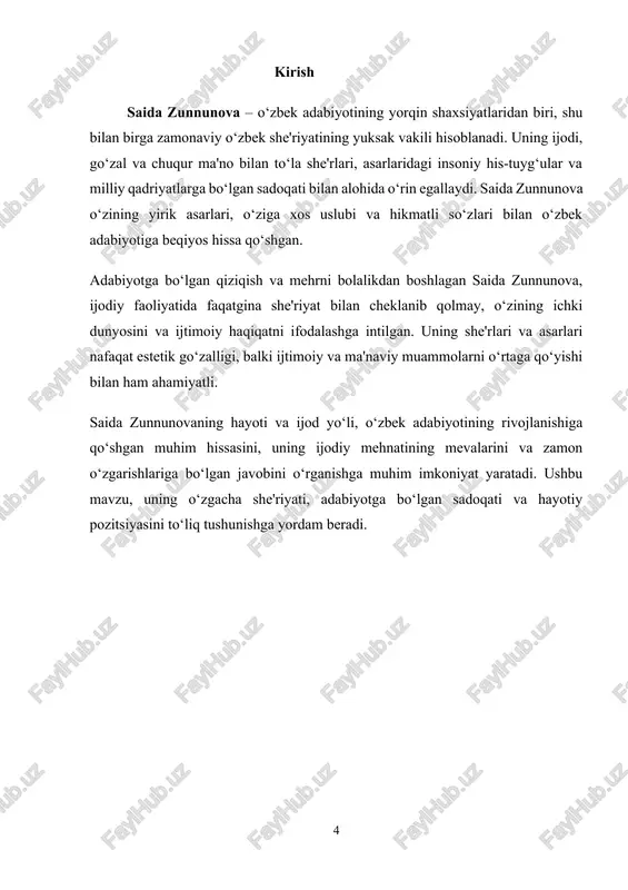 o‘zbek adabiyotida katta iz qoldirdi va uning asarlari hali ham o‘quvchilarni ma'naviy rivojlantirishda muhim ahamiyatga ega. 2. saida zunnunovaning ijodiy faoliyati va asarlari o‘zbek adabiyotining muhim qismidir. u o‘zining she'riyati, adabiy tanqidiy maqolalari va boshqa yozma asarlari orqali o‘zbek adabiyotiga katta hissa qo‘shgan. saida zunnunova o‘zining ijodiy faoliyatida inson qalbi, muhabbat, hayotning go‘zalligi, vatanga bo‘lgan sadoqat kabi ulug‘ qadriyatlarni ulug‘lagan. saida zunnunovaning ijodiy faoliyati saida zunnunova ijodiy faoliyatini boshlaganidan buyon ko‘plab she'rlar, esse va maqolalar yozib, o‘zining adabiy qobiliyatini namoyon etgan. u o‘zining birinchi she'riyatini yoshligida yozgan va bu she'rlar birinchi bo‘lib o‘zbek adabiy jamoatchiligiga taqdim etilgan. saida zunnunova she'riyatda o‘ziga xos uslub va ifoda tarzini yaratgan. uning she'rlari, asosan, yuksak ma'naviy ma'nolar, adolat, muhabbat, milliy qadriyatlar, tabiat va insoniy hissiyotlar haqida yozilgan. zunnunova o‘z asarlarida nafaqat estetik go‘zallikka, balki ijtimoiy va ma'naviy muammolarni hal qilishga ham katta e'tibor bergan. u o‘zining asarlari orqali adolat, to‘g‘rilik va insoniyatning umumbashariy qadriyatlarini …