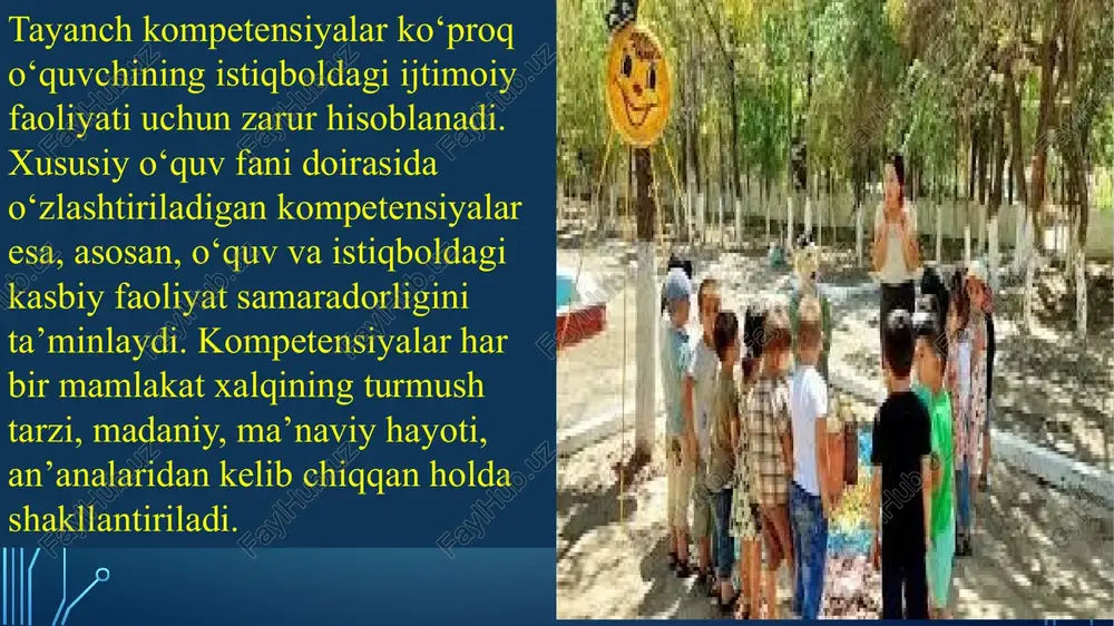 ani alohida ajratib ko‘rsatganlar. ular: kompetensiya va kompetentlilik tushunchalari. pedagogik nazariyada ularning mavjud jihatlarini aniqlashga alohida e’tibor qaratilmoqda. kompetensiyalarning shakllanishi va ular orasidagi o‘zaro munosabatlar bunga misol bo‘la oladi. olimlar orasida kompetensiyalarning tavsifiga doir yagona yondashuv mavjud emas. bir qator mutaxassislar “kompetensiya” va “kompetentlilik” tushunchalari orasida o‘zaro chegara mavjud emas, deb hisoblaydilar. shunday olimlar sirasiga v.s.lednev, n.d.nikandrov, m.v.rijakovlarni kiritish mumkin. aksariyat mutaxassislar esa ular orasidagi farqli jihatlarni ko‘rsatib o‘tganlar xulosa hozirgi zamon maktab o’qituvchisining kasbiy bilimdonligi va kobiliyati mezonlariga quyidagilar kiradi: ijtimoiy, uslubiy va ixtisoslik bilimdonligi hamda bilish, tushuntira olish, kuzatuvchanlik, nutq, tashkilotchilik, obro’ orttira olish, to’g’ri muomala qila olish, kelajakni ko’ra bilish va diqqatni taqsimlay olish qobiliyatlari. o’qituvchi o’zini egallab turgan lavozimi darajasida kasbiy kompetentlikka ega ekanligini his etgandagina pedagogik jarayonni muvaffaqiyatli tashkil etishi mumkin. zotan uni kasbiy bilimdonlik, halollik, rostguylik, izlanuvchanlik, tinimsiz sermahsul mehnat, ijodkorlik va yaratuvchanlik kabi fazilatlar yuksaltiradi. uning bilimdonligi, faolligi, mehnatkashligi, kamtarligi, ma’naviyati va madaniyati, …