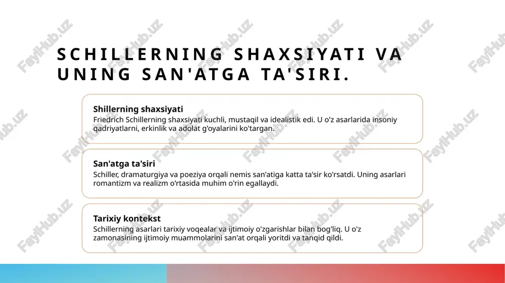 sarlarida insoniy muammolar, erkinlik, adolat va axloqiy tanlovlar kabi temalar keng o'rin olgan. ular drama orqali chuqurroq tahlil qilinadi. 2 badiiy usullar - schiller dramaturgiyasida ko'p qatlamli hikoyalash, simvolizm va metafora kabi badiiy usullar qo'llaniladi. bu usullar asarlarni yanada jozibador qiladi. 3 qahramonlar rivoji - schiller qahramonlari ko'pincha ichki kurashlar bilan yuzlashadi. ular o'z qiyinchiliklari orqali o'zlarining haqiqiyligini topishga harakat qilishadi. 4 tarixiy kontekst - schillerning asarlari tarixiy voqealar va ijtimoiy sharoitlar bilan bog'liq. bu kontekst uning dramatik ta'sirini kuchaytiradi va zamon bilan bog'lanuvchanligini ko'rsatadi. xulosa 1 shillerning san'at ta'siri friedrich schiller o'z asarlari orqali san'at va ijtimoiy masalalarni birlashtirib, o'z davrining muhim muammolarini yoritdi. 2 dramaturgiyada qahramonlar schiller dramaturgiyasida qahramonlar murakkab xarakterlarga ega bo'lib, ular orqali insoniy his-tuyg'ular va ma'naviy dilemmalarni o'rganadi. 3 tarixiy asarlarning ahamiyati schillerning tarixiy asarlari, tarixi va ijtimoiy kontekstni birlashtirib, o'quvchilarga o'tmishdan saboq olish imkonini beradi. foydalanilgan adabiyotlar 1. friedrich schiller. dramaturgiya va uning nazariyasi. …