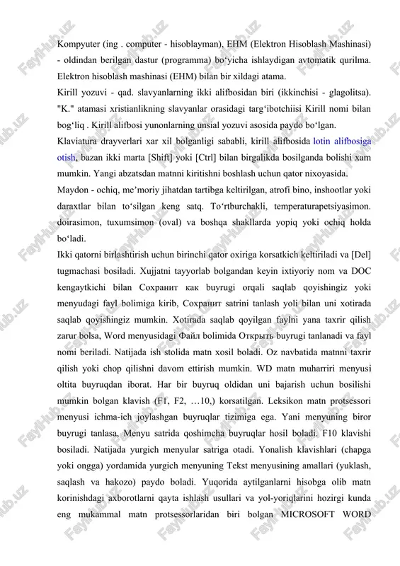 asi bosiladi. xujjatni tayyorlab bolgandan keyin ixtiyoriy nom va doc kengaytkichi bilan soxranit kak buyrugi orqali saqlab qoyishingiz yoki menyudagi fayl bolimiga kirib, soxranit satrini tanlash yoli bilan uni xotirada saqlab qoyishingiz mumkin. xotirada saqlab qoyilgan faylni yana taxrir qilish zarur bolsa, word menyusidagi fayl bolimida otkrit buyrugi tanlanadi va fayl nomi beriladi. natijada ish stolida matn xosil boladi. oz navbatida matnni taxrir qilish yoki chop qilishni davom ettirish mumkin. wd matn muharriri menyusi oltita buyruqdan iborat. har bir buyruq oldidan uni bajarish uchun bosilishi mumkin bolgan klavish (f1, f2, …10,) korsatilgan. leksikon matn protsessori menyusi ichma-ich joylashgan buyruqlar tizimiga ega. yani menyuning biror buyrugi tanlasa, menyu satrida qoshimcha buyruqlar hosil boladi. f10 klavishi bosiladi. natijada yurgich menyular satriga otadi. yonalish klavishlari (chapga yoki ongga) yordamida yurgich menyuning tekst menyusining amallari (yuklash, saqlash va hakozo) paydo boladi. yuqorida aytilganlarni hisobga olib matn korinishdagi axborotlarni qayta ishlash usullari va yol-yoriqlarini hozirgi …