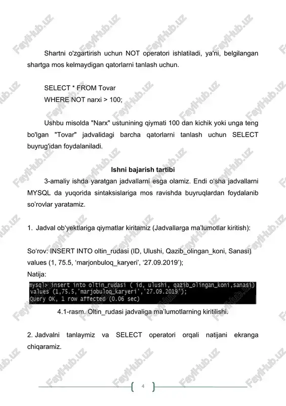 . update operatoridan foydalanib qanday amal bajariladi 5. between nima va u qanday so`rovlar uchun qo`llaniladi? 6. and, or, not operatorlarining vazifasi nima? 7. in, between, like operatorlarinig vazifasi nima? 8. not in operator vazifasi xisobot tayyorlash 1. titul 2. amaliy ishning nomi, maqsadi, qisqcha nazariy ma’lumot 3. berilgan variant (predmet soha) tavsifi 4. bajarilgan ish natijasi (diagrammalar, jadvallar) 5. jadvallarni bog’lanishi 6. xulosa 7. foydalanilgan adabiyotlar adabiyotlar ro‘yhati 1. t.a.xo'jakulov. ma'lumotlar bazasi. darslik. t.:tatu, 2022. - 260 b. 2. t.a.xujakulov. baza dannix. uchebnik. t.:tatu, 2022. - 260 s. 3. xo‘jaqulov t.a. usmonov j.t. ma’lumotlar bazasini boshqarish tizimi// o’quv qo’llanma. - t.: aloqachi, 2018. - 96 b. 4. xo’jaqulov t. a., usmonov j. t. ma’lumotlar bazasini boshqarish tizimi fanidan laboratoriya ishlarini bajarish bo’yicha uslubiy ko’rsatma - t. : tatu, 2016. - 55 b. 5. t.a.xujakulov. sistema upravleniya bazami dannix. uchebnik. t.:tatu, 2020. - 280 s. 6. goleshina l. bazi dannix: …