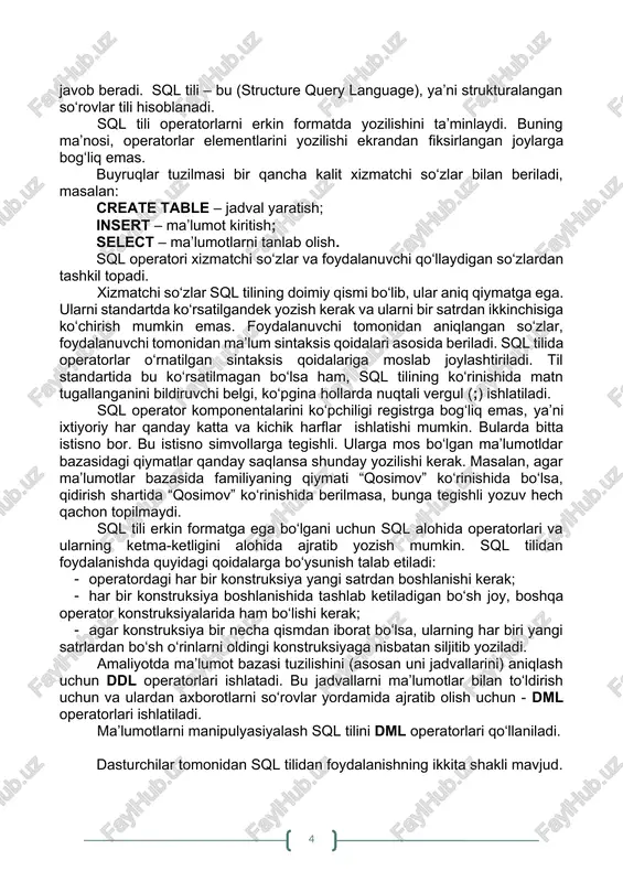 o‘lgani uchun sql alohida operatorlari va ularning ketma-ketligini alohida ajratib yozish mumkin. sql tilidan foydalanishda quyidagi qoidalarga bo‘ysunish talab etiladi: · operatordagi har bir konstruksiya yangi satrdan boshlanishi kerak; · har bir konstruksiya boshlanishida tashlab ketiladigan bo‘sh joy, boshqa operator konstruksiyalarida ham bo‘lishi kerak; · agar konstruksiya bir necha qismdan iborat bo‘lsa, ularning har biri yangi satrlardan bo‘sh o‘rinlarni oldingi konstruksiyaga nisbatan siljitib yoziladi. amaliyotda ma’lumot bazasi tuzilishini (asosan uni jadvallarini) aniqlash uchun ddl operatorlari ishlatadi. bu jadvallarni ma’lumotlar bilan to‘ldirish uchun va ulardan axborotlarni so‘rovlar yordamida ajratib olish uchun - dml operatorlari ishlatiladi. ma’lumotlarni manipulyasiyalash sql tilini dml operatorlari qo‘llaniladi. dasturchilar tomonidan sql tilidan foydalanishning ikkita shakli mavjud. · interaktiv sql · kiritilgan sql interaktiv sqlda foydalanuvchi sql so‘rovlarin bevosita mbbt orqali kiritadi va natijalarini interaktiv rejimda oladi. kiritilgan sqlda esa so‘rovlar sql komandalaridan tashkil topib, u boshqa birorta dasturlash tili (java, c++, c, python va hokazo)ga yozilgan dastur …