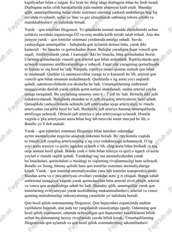 nezi. umurtqalilarda hazm qilish sistemasi filogenezida tuban xordalilar (lantsetnik)dagi to`g`ri naydan iborat ichak ma`lum funktsiyalar bajaradigan, ovqatni mexanik va kimyoviy parchalaydigan a`zolargacha mukammallashadi. hazm qilish sitemasining old halqum qismi nafas olish a`zosiga aylanadi yoki nafas olish sistemasi bilan bog`langan bo`ladi. evolyutsiya davomida hazm nayi uzunlashadi, so`rish sathi xilma – xil birikmalar, mikrovorsinkalar yordamida kengayadi, hazm qilish bezlari rivojalanadi. umurtqalilarning hazm qilish sistemasi entodermadan rivojlanadi. baliq va amfibiyalarda jigar birmuncha yirik, oshqozon osti bezi ichakning yon o`simtasi sifatida rivojlanadi. baliqlarda oshqozon yaxshi shakllanmagan. baliq va amfibiyalar jigarlarida bir qator konussimon tishlar, ya`ni gomodont sistemali tishlar mavjud. reptiliyalar tishlari ham gomodont tuzilgan, ularda ingichka va yo`g`on ichak chegerasida birinchi marta ko`richak paydo bo`ladi. qushlarning hazm sistemasi ularning o`sishiga moslashgan holda taomillashgan. ularda jag` va tishlar bo`lmaydi, yo`g`on ichagi anchagina kalta bo`ladi. sutemizuvchilarda geterodont tishlar sistemasi rivojlanadi. ular halqumining yon devorida 4 ta oyquloq cho`nta rivojlanadi. bu cho`ntaklrning birinchi juftida yevstaxiy nayi va …