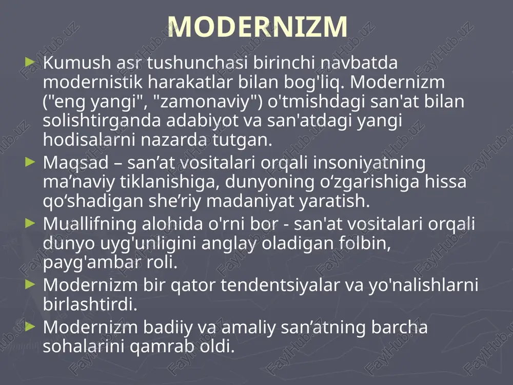 t el klassiklarining tarjimalari (apuleius). vokal asarlari (ko'plari o'z matnlari asosida), dramatik teatr uchun musiqa. simvolizmning ma'nosi simvolizm rus she'riy madaniyatini ko'plab kashfiyotlar bilan boyitdi. symbolistlar she'riy so'zga ilgari noma'lum harakatchanlik va noaniqlik berdilar va rus she'riyatiga so'zdagi qo'shimcha ma'no soyalari va qirralarini ochishga o'rgatishdi. ularning poetik fonetika sohasidagi izlanishlari samarali bo'ldi: k. balmont , v. bryusov , i. annenskiy , a. blok , a. bely ekspressiv assonans va ta'sirchan alliteratsiya ustalari edi . rus she'riyatining ritmik imkoniyatlari kengayib, stanzaik kompozitsiya yanada rang-barang bo'ldi. image1.jpeg image2.jpeg image3.jpeg image4.jpeg /docprops/thumbnail.jpeg