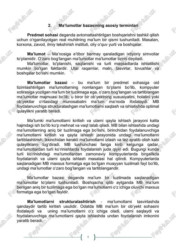 arda birgalikda foydalanish va ularni qayta ishlash masalasi hal qilindi. kompyuterlarda saqlanadigan mb maxsus formatga ega bo‘lgan muayyan tuzilmali fayl bo‘lib, undagi ma’lumotlar o‘zaro bog‘langan va tartiblangandir. ma’lumotlar bazasi deganda ma’lum bir tuzilmada saqlanadigan ma’lumotlar to‘plami tushuniladi. boshqacha qilib aytganda mb ma’lum berilgan aniq bir tuzilmaga ega bo‘lgan ma’lumotlarni o‘z ichiga oluvchi maxsus formatga ega bo‘lgan fayldir. ma’lumotlarni strukturalashtirish - ma’lumotlarni tasvirlashda qandaydir tartib kiritish usulidir. odatda mb ma’lum bir ob’yekt sohasini ifodalaydi va uning ma’lumotlarni o‘z ichiga oladi, ularni saqlaydi va foydalanuvchiga ma’lumotlarni qayta ishlashda undan foydalanish imkonini yaratib beradi. ma’lumotlar bazasi axborot tizimlarining asosiy tarkibiy qismi bo‘lib hisoblanadi. ma’lumotlar bazasi bilan ishlashda foydalanuvchi ishini yengillashtirish maqsadida ma’lumotlar bazasini boshqarish tizimlari yaratiladi. bu tizimlar ma’lumotlar bazasini amaliy dasturlardan ajratadi. ma’lumotlar bazasini boshqarish tizimi (mbbt) - dasturiy va apparat vositalarining murakkab majmuasi bo‘lib, ular yordamida foydalanuvchi ma’lumotlar bazasini yaratish va shu bazadagi ma’lumotlar ustida ish yuritishi mumkin. shu bilan bir …