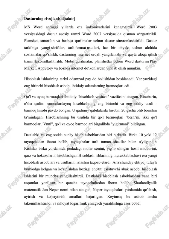 arini bir muncha yengillashtirdi. dastlabki hisoblash asboblaridan yana biri raqamlar yozilgan bir qancha tayoqchalardan iborat bo'lib, shotlandiyalik matematik jon neper nomi bilan atalgan, neper tayoqchalari yordamida qo'shish, ayirish va ko'paytirish amallari bajarilgan. keyinroq bu asbob ancha takomillashtirildi va nihoyat logarifmik chizg'ich yaratilishiga asos bo'ldi. hisoblash texnikasida mexanik moslamalar davrini boshlab bergan mashinalardan biri nemis olimi vilgelm shikkard tomonidan 1623 yilda ixtiro qilindi. biroq bu hisoblash mashinasi juda tor doiradagi kishilargagina ma'lum bo'lganligi sababli uzoq vaqtlargacha bu boradagi birinchi ixtirochi 1645 yili arifmometr yasagan fransuz matematigi blez paskal deb hisoblanib kelingan. lekin 1958 yili shtutgart shahri kutubxonasidan 1. keplerning qo'lyozma va hujjatlari orasidan topilgan hisoblash mashinasi chizmasi bu boradagi birinchi ixtirochi shikkard ekanligi uzil-kesil tasdiqladi. lekin qarangki, shikkardning mashinasi ham birinchi emas ekan. 1967 yili madriddagi milliy kutubxonada leonardo da vinchining nashr qilinmagan ikki jildli qo'lyozmasi topildi. qo'lyozmaning birinchi jildi deyarli boshdan oyoq mexanikaga bag'ishlangan bo'lib, undagi chizmalar orasida hisoblash qurilmasining …