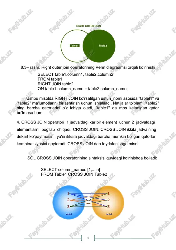 ev shahzod oqtosh loyiha ishlari muhandisi 14 9000000 1 aliyev sarvar lalmikor burgulash mashinisti 10 7000000 2 berdiyorov bunyod mullabuloq bosh loyihachi 15 9000000 4 mamirov shahzod gobdin yuk mashinisti 12 8000000 5 abirqulov alisher moltob tashish mashinisti 10 7000000 nazorat savollari 1. sql tilidagi qanday join larni bilasiz? 2. inner join qanday vazifani bajaradi? 3. left join qanday vazifani bajaradi? 4. right join qanday vazifani bajaradi? 5. cross join qanday vazifani bajaradi? 6. full outer join qanday vazifani bajaradi? adabiyotlar ro‘yhati 1. t.a.xo'jakulov. ma'lumotlar bazasi. darslik. t.:tatu, 2022. - 260 b. 2. t.a.xujakulov. baza dannix. uchebnik. t.:tatu, 2022. - 260 s. 3. xo‘jaqulov t.a. usmonov j.t. ma’lumotlar bazasini boshqarish tizimi// o’quv qo’llanma. - t.: aloqachi, 2018. - 96 b. 4. xo’jaqulov t. a., usmonov j. t. ma’lumotlar bazasini boshqarish tizimi fanidan laboratoriya ishlarini bajarish bo’yicha uslubiy ko’rsatma - t. : tatu, 2016. - 55 b. 5. t.a.xujakulov. sistema upravleniya …