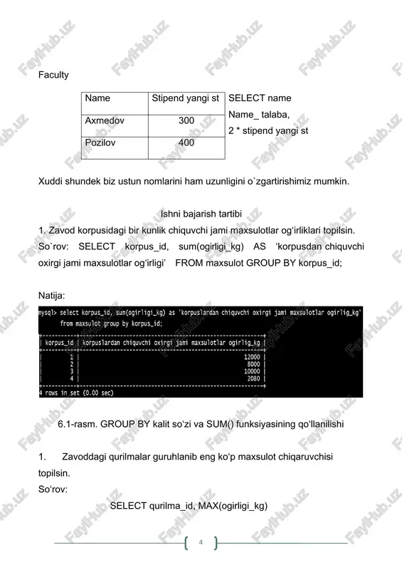 group by kalit so‘zlarini boshqa kalit so’zlar birga ishlatish strukturasi qanday? xisobot tayyorlash 1. titul 2. amaliy ishning nomi, maqsadi, qisqcha nazariy ma’lumot 3. berilgan variant (predmet soha) tavsifi 4. bajarilgan ish natijasi (diagrammalar, jadvallar) 5. jadvallarni bog’lanishi 6. xulosa 7. foydalanilgan adabiyotlar adabiyotlar ro‘yhati 1. t.a.xo'jakulov. ma'lumotlar bazasi. darslik. t.:tatu, 2022. - 260 b. 2. t.a.xujakulov. baza dannix. uchebnik. t.:tatu, 2022. - 260 s. 3. xo‘jaqulov t.a. usmonov j.t. ma’lumotlar bazasini boshqarish tizimi// o’quv qo’llanma. - t.: aloqachi, 2018. - 96 b. 4. xo’jaqulov t. a., usmonov j. t. ma’lumotlar bazasini boshqarish tizimi fanidan laboratoriya ishlarini bajarish bo’yicha uslubiy ko’rsatma - t. : tatu, 2016. - 55 b. 5. t.a.xujakulov. sistema upravleniya bazami dannix. uchebnik. t.:tatu, 2020. - 280 s. 6. goleshina l. bazi dannix: ucheb. posobie // – 4-e izd., pererab. i dop. – m.: forum: infra-m, 2018. – 400 s. 7. martishin s.a. bazi dannix. prakticheskoe primenenie …