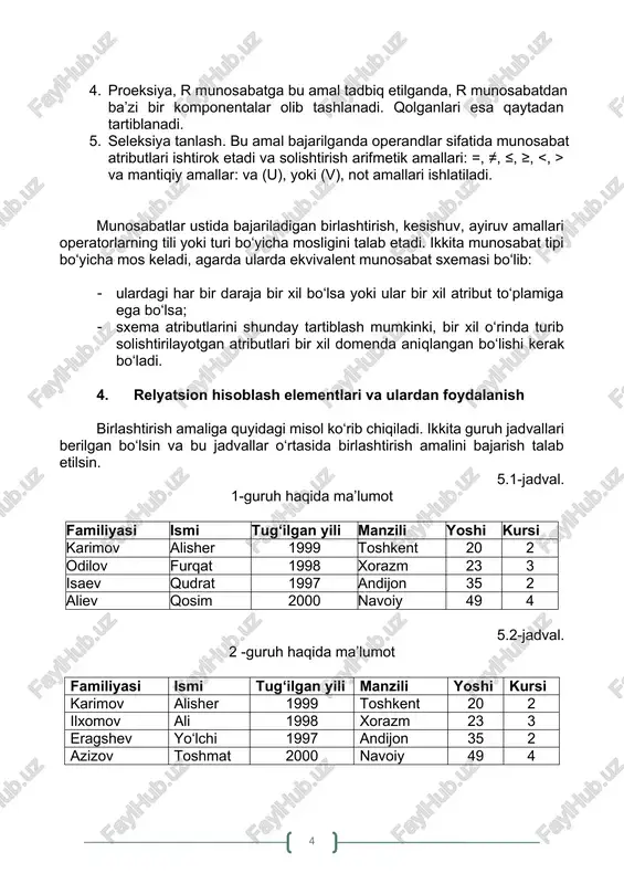 yuqorida berilgan 5.1 va 5.2 jadvallarni birlashtirish orqali 5.3 jadval hosil bo‘ladi. hosil bo‘lgan jadvalning e’tiborli tomoni shundan iboratki, umumlashtirilgan jadvalda qaytarilgan qatorlar bir marta ishlatiladi. bu jadvallarda birinchi qator ma’lumotlari bir xil bo‘lganligi uchun bir marta ishlatilganligini ko‘rish mumkin. 5.3-jadval. birlashtirish amali natijasi familiyasi ismi tug‘ilgan yili manzili yoshi kursi karimov alisher 1999 toshkent 20 2 odilov furqat 1998 xorazm 23 3 isaev qudrat 1997 andijon 35 2 aliev qosim 2000 navoiy 49 4 ilxomov ali 1998 xorazm 23 3 eragshev yo‘lchi 1997 andijon 35 2 azizov toshmat 2000 navoiy 49 4 birlashtirish amalida quyidagi shartlar bajarilishi talab etiladi: · jadvallardagi atributlar soni mos ravishda ustama – ust tushishi shart; · atributlarning toifalari mos bo‘lishi kerak; · agar atributlar toifalari mos kelmaganda so‘rovlar orqali moslartirish talab etiladi. relyatsion algebraning keyingi amali kesishuv amali bo‘lib, unda tanlangan jadvallar ma’lumotlarining mos kelganlari aks ettiriladi. yuqoridagi 5.1 va 5.2 jadvallaridan foydalanib kesishuv …