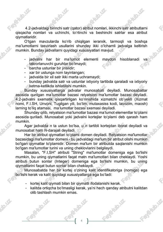 bo'lishi mumkin, bu uning qiymatlarini faqat matn ma'lumotlari bilan cheklaydi. yoshi atributi butun sonlar (integer) domeniga ega bo'lishi mumkin, bu uning qiymatlarini faqat butun sonlar bilan cheklaydi. munosabatda har bir kortej o‘zining kalit identifikatoriga (nomiga) ega bo‘lishi kerak va kalit quyidagi xususiyatlarga ega bo‘ladi: · kortej kalit qiymati bilan bir qiymatli ifodalanishi kerak. · kalitda ortiqcha bo‘lmasligi kerak, ya’ni hech qanday atributni kalitdan olib tashlash mumkin emas. 3. ma’lumotlar bazasida munosabatlar ma'lumotlar bazasidagi munosabatlar umumiy atributlarga asoslangan ikkita jadval o'rtasidagi bog'lanishdir. munosabat bir-bir, bir-ko'p yoki ko'p-ko'p bo'lishi mumkin. misol uchun, agar da "bemor" va "shifokor" jadvallari mavjud bo'lsa, u holda "bemorid" umumiy atributi asosida ular o'rtasidagi munosabatni aniqlashimiz mumkin. har bir bemor turli kassaliklar bilan shifokorlarga murojat qilishi mumkin, shuning uchun jadvallar o'rtasidagi munosabatlar bittadan ko'p bo'ladi. 4.1.-rasm mohiyat-aloqa diagrammasi ma'lumotlar bazasini so'rashda ikkita jadval ma'lumotlarini birlashtirish uchun aloqadan foydalanish mumkin. masalan, ma'lum bir mijoz tomonidan berilgan barcha buyurtmalarni topish …