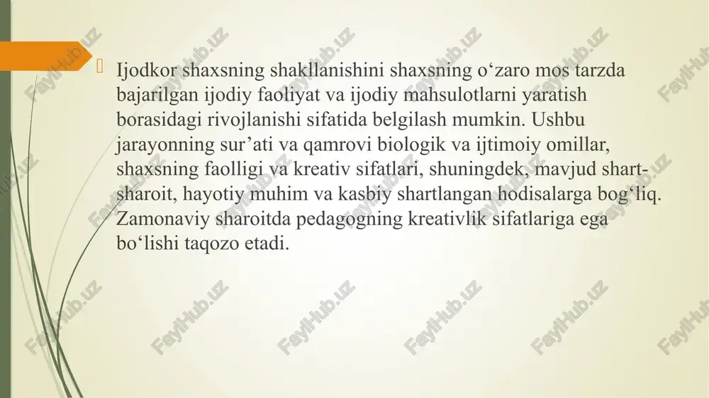 faoliyat tajribalarini qaror toptirish va boyitish asosida ijodiy g‘oya, ularni amalga oshirish ko‘nikma va malakalariga ega shaxsni shakllantirish va rivojlantirish kasbiy-ijodiy faoliyat – mutaxassisning kasbiy masalalarni ijodiy hal qilish muvaffaqiyatini tavsiflovchi faoliyati, innovatsion xatti-harakati hal qilish ijodiy topshiriqlarga yo‘naltirilgan masalalar tizimi – muammoli vaziyatlarni tizimli tahlil asosida kasbiy-ijodiy imkoniyat – 1) kasbiy kompetensiya, malakaga egalik; 2) kasbiy ijod metodologiyasi asoslarini o‘zlashtirganlik; ijodiy tafakkurning shakllanganlik darajasi; kasbiy-ijodiy layoqat va shaxsiy sifatlarning rivojlanganligi kasbiy ijodkorlik metodologiyasi – ijodkorlikning jarayon va natija sifatida ob’ektlar hamda muayyan kasbiy faoliyat turlariga munosabat ko‘rinishidagi tuzilishi, mantiqiy tashkil etilishi, metod va vositalari haqidagi ta’limot ijodiy tafakkur – tafakkurning ijod jarayonini tashkil etish va ijod natijalari (mahsullari)ni bashoratlashni ifodalovchi turi kreativ qobiliyat – shaxsning ijodiy faoliyatni tashkil etish va uning natijalanganligiga erishishni ta’minlash imkoniyatini belgilovchi individual xususiyati uning natijalanganligini baholashda namoyon bo`ladigan individual xususiyati ijodiy qobiliyat – ijodiy faoliyatni muvaffaqiyatli amalga oshirish va o‘zini o‘zi ijodiy faollashtirish – …