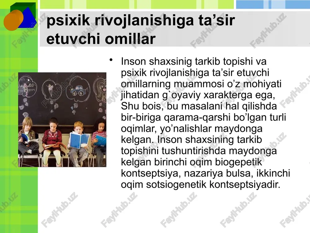 hilarida o’z faniga nisbatan bilvosita qiziqishni tarkib toptirishga harakat qiladi. qiziqishlar orqali o’quvchilarda ta’limga aktiv munosabat namoyon bo’ladi. qiziqishlar o’quvchilar hayotida katta rol o’ynaydi. ular o’quv faoliyatini faollashtiruvchi asosiy turtkilar - motivlaridir. o’quvchilarning muayyan maqsadni ko’zlab ish tutishida, qiyinchiliklarni enga olishida, ishdan chalg`itadigan narsalar bilan shug`ullanishdan o’zini tiya olishida, unda o’qishga ishtiyoq tarkib toptirishda namoyon bo’ladigan iroda ta’lim jarayonida alohida ahamiyat kasb etadi. psixik rivojlanish psixik rivojlanish va bu o’zgarishlarga sabab bo’ladigan kuchlar o’rtasidagi munosabat qonunlarini o’rganish yosh davrlari psixologiyasi fanining muhim va dolzarb muammolaridan biridir. inson shaxsining psixik rivojlanishi va uning shakllanishi murakkab tadqiqot jarayonidir. zero, uning o’ziga xos xususiyatlari va qonuniyatlarini asosli ilmiy bilish, o’quvchi shaxsiga pedagogik jihatdan ta’sir ko’rsatishning zarur shartidir. ta’lim jarayonini boshqarish muammosi ta’lim jarayoni avvalo o’quvchilar diqqatini yo’lga solishni talab etadi. darslarda ko’rgazmali qurollardan, texnik va exm vositalaridan foydalanish ta’lim oluvchida ixtiyorsiz diqqatni yuzaga keltiradi. ta’lim jarayonida ta’lim beruvchining vazifasi darsda ishlash xolatini yuzaga …
