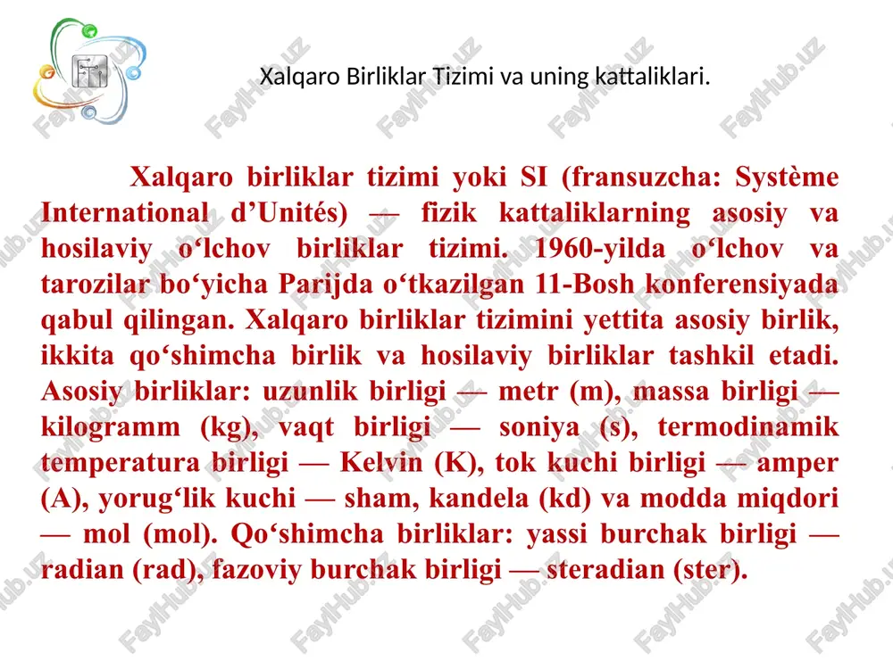 nisbiy xatolik foizlar bilan ifo dalanadi: d     % 100 x x tajribalar natijasining haqiqiy qiymatlari – aniqlangan xatoliklar orali g‘ ida yotadi. masalan: l - uzunlik bir qancha o‘ lchangan b o‘ lsin. uzunlikning o‘ rtacha qiymati l=23,4mm ga absolyut xatolikning o‘ rtacha qiymati l  =0,5 mm b o‘ lsa, u holda uzunlikning haqiqiy qiymati mm l haq ) 5 , 0 4 , 23 ( . 1   va , ) 5 , 0 4 , 23 ( . 2 mm l haq   yoki 22,9< l haqiqiy. <23.9 mm b o‘ ladi. hisoblashlar natijasini quyidagi umumiy k o‘ rinishda yozish qabul qilingan. mm l l l haqiqiy ) (    . ) 5 , 0 4 , 23 ( mm l haqiqiy   /docprops/thumbnail.jpeg