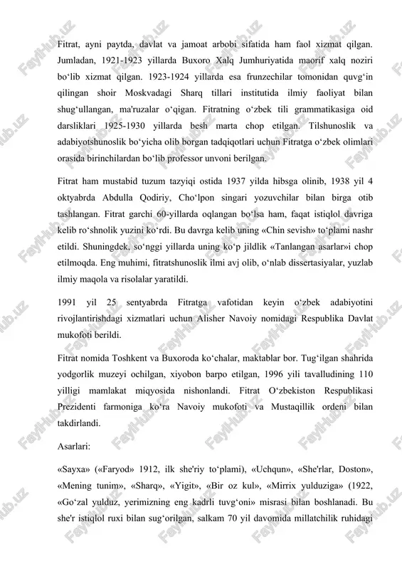 si prezidenti farmoniga ko‘ra navoiy mukofoti va mustaqillik ordeni bilan takdirlandi. asarlari: «sayxa» («faryod» 1912, ilk she'riy to‘plami), «uchqun», «she'rlar, doston», «mening tunim», «sharq», «yigit», «bir oz kul», «mirrix yulduziga» (1922, «go‘zal yulduz, yerimizning eng kadrli tuvg‘oni» misrasi bilan boshlanadi. bu she'r istiqlol ruxi bilan sug‘orilgan, salkam 70 yil davomida millatchilik ruhidagi asar sifatida baxolangan bo‘lib, unda sotqin, ikkiyuzlamachi, zolim odamlar qoralangan), «munozara» (s. ayniy «bu asar davr taraqqiyotiga g‘oyat kuchli va samarali ta'sir ko‘rsatdi», deb baholagan asar), «yurt kayg‘usi», «qiyomat» (xikoya qaxramoni pochamir «nima qilgan bo‘lsam yaratganning irodasi bilan qilganman. yaratgan mening barcha qilmishlarimdan voqif-ku, bu yerda hisob-kitob kilib o‘tirishning nima keragi bor» — degan), «begijon» (1916), «abo muslim» (1916) «temur sag‘anasi» (1918), «o‘g‘uzxon» (1919), «chin sevish», «arslon» (1925), «abulfayzxon», «hind ixtilolchilari» (1923, berlin, rusiya istibdodiga qarshi kurashga chorlovchi asar) kabi dramatik asarlari, «adabiyot qoidalari» (1926, adabiyot muallimlari va adabiyot havaslilari uchun ko‘llanma), «xvi asrdan so‘nggi o‘zbek adabiyotiga bir …