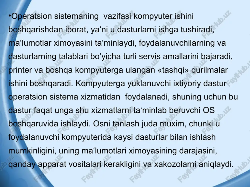 h uchun ko'llaniladi. windows ish stolining elementlar yigindisi kompyuterning sozlovchilari bilan bog’liq. windowsda ko'plab elementlarni yodda saqlash, ajratib olish va ular bilan ishlash oson bo'lishi uchun piktogrammalar deb ataluvchi mos rasmchalar ko'yiladi. ularni ko'pincha ikonalar (timsollar) deb ham ataydilar. mualliflar programmalar uchun ularning moxiyatini ifodalab beruvchi maxsus rasmchalar tayyorlaydilar. xujjat fayllari uchun piktogramma sifatida o'sha hujjat tuzilgan programmaning belgisi ko'rsatiladi. www.arxiv.uz www.arxiv.uz * www.arxiv.uz www.arxiv.uz * ish stolida quyildagi elementlar joylashishi mumkin: papkalar (sistemaning va foydalanuvchining papkalari); hujjat va programma fayllari; qurilmalar, papkalar va fayllar uchun yorliklar; birok, odatda ekranda ko'prok xollarda sistema papkalari va ko'p murojaat qilinadigan ob‘ektlarning yerliklari joylashgan bo'ladi. sistema papkalari -windows xp os tomonidan tashqil etilgan papkalardir. sistema papkalariga quyildagilar kiradi: moy kompyuter (mening kompyuterim). bu papka siz ishlayotgan kompyuterning obrazi bo'lib, uning yordamida siz kompyuter resurslariga (ya‘ni, qattiq, hamda yumshoq disklar, cd-rom, tarmoq disklariga ulanish va shu kabilar) kirishingiz mumkin. setevoe okrujenie (tarmok doirasi). bu …
