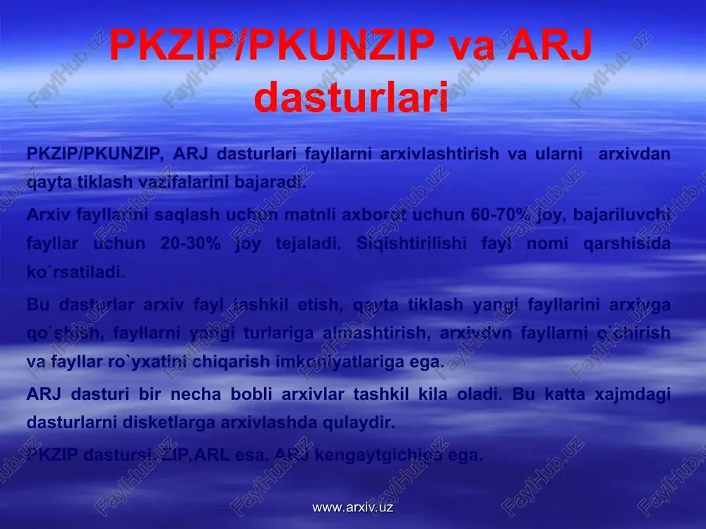 a disk va fayllarni tiklab bo’lmaydi); vinchester orqali komp’yuterning ishga tushishi yo’qoladi. viruslar asosan disklarning yuklanuvchi sektorlarini va exe, com, sys va bat kengaytmali fayllarni zararlaydi. viruslarning hajmi bir necha baytdan to o’nlab kb gacha bo’lishi mumkin. www.arxiv.uz www.arxiv.uz fayllarni tarkibini buzmaydigan viruslar: a) tezkor xotira qurilmasida ko’payuvchi; b) operatorni ta`sirlantiruvchi; v) tarmoq viruslari. fayl tarkibini buzuvchi viruslar: a) foydalanuvchining ma`lumotlari va dasturlarni buzuvchi; b) tizim ma`lumotlarni buzuvchi. qurilmalarni buzuvchi: a) displeyning lyuminafor qatlamini kuydiruvchi; b) komp’yuterning mikrosxemasini ishdan chiqaruvchi; v) printerni ishdan chiqaruvchi; g) mdni buzuvchi. www.arxiv.uz www.arxiv.uz komp’yuter viruslari xarakterlariga nisbatan norezident, rezident, butli, gibridli va paketli viruslarga ajratiladi. faylli norezident viruslar to’liqligicha bajarilayotgan faylda joylashadi, shuning uchun ham u faqat virus tashuvchi dastur faollashgandan so’ng ishga tushadi va bajarilgandan so’ng tezkor xotirada saqlanmaydi. rezident virus norezident virusdan farqliroq tezkor xotirada saqlanadi. rezident viruslarning yana bir ko’rinishi but viruslar bo’lib, bu virusning vazifasi vinchester va egiluvchan mdlarning yuklovchi …