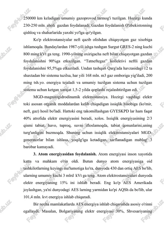 energiya ishlab chiqarishda asosiy o'rinni egallaydi. masalan, bolgariyaning elektr energiyasi 30%, shvesariyaning 39%, belgiyaning 50%, fransiyaning 65% energiyasining aes energiyasi tashkil qiladi. sobiq ittifoq (37,1 mln kvt), yaponiya (29,3), kanada (11,8), ispaniya (7,5), tayvan (4,9), chexiya (3,2), hindiston (1,5 mln.kvt) kabi mamlakatlarda aes ishlaydi. aes energiya ishlab chiqarishning eng yuqori yutug'i bo'lishi bilan birga, alohida e'tibor, ehtiyotkorlik talab qiladi, chunki chernobil, aqsh, angliya, germaniya kabi mamlakatlarda aes ning avariyaga uchrashi bunga yaqqol misol bo'la oladi. 1986- yili chernobil aes ning halokati vaqtida yadro yoqilg'isini yuqori haroratda (700-9000s) temir, tosh, hosil bo'lgan plutoniy zarrachali chang-to'zon atrof-muhitga tarqalgan. buning natijasida chernobilga yaqin joylashgan ukraina, belorussiya erlarida radioaktiv chang-to'zon tushgan. yer, suv, o'simlik, hayvonot va odamlar tanasida radioaktivlik ortib ketgan. hozirgi vaqtda shunday radioaktivlashgan yuzlab qishloqlari aholilari boshqa joylarga ko'chirilgan. 1971-1984-yillar ichida 14 ta mamlakatning 151 ta aes larida halokat sodir bo'lgan. buning natijasida tabiat va undagi tiriklik xavf ostida qolgan, 2001-yil boshida …