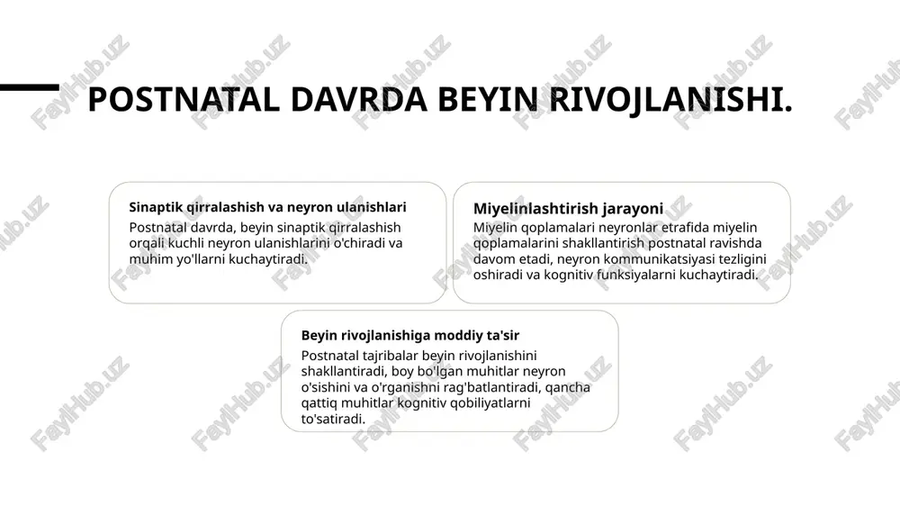 lli va temprament kabi psixofizologik xususiyatlar genetik omillar tomonidan ta'sir qilinadi, veraslik qiymatlari 30-80% oralig'ida. genetik omillar psixofizologik xususiyatlarga muhit omillar, masalan, oziq-ovqat, stress va tarbiya kabi, orqali ta'sir qilinishi mumkin. muhit omillari gen ekspresiyasiga epigenetik modifikatsiyalar orqali ta'sir qilishi mumkin, psixofizologik xususiyatlarda o'zgarishlarga olib keladi. prenatal davridagi kognitiv rivojlanish 1 2 3 beyin rivojlanishi his-tuyg'u tajribalari genetik ta'sir prenatal davrda, beyin, xotiraga va o'rganish kabi kognitiv funktsiyalar uchun kritik ahamiyatga ega bo'lgan asosiy strukturalarini shakllantirishni boshlaydi. yolg'izlikda, quloq va harakatlar bilan bog'liq tajribalar, kognitiv rivojlanishni ta'sir qilishi mumkin bo'lgan yopiq o'rinda neyron yo'llarini faollashtirib va erkin his-tuyg'u tan olishni rivojlantirishi mumkin. genetik omillar, tug'ilishdan oldin ham kognitiv qobiliyatlarni shakllantirishda o'rin olishi, kelajakdagi intellektual rivojlanish uchun potensialni ta'sir qilishi mumkin. postnatal davrda harakat rivojlanishi. 1 2 3 katta harakat qobiliyatlari rivojlanishi yaxshi harakat qobiliyatlari olish bosqichlar va qizil bayroqlar chaqmoqdan sirtqa, so‘ng charchash, so‘ng yurishga o‘tish; bosqichlar sog‘liqni rivojlantirishning asosiy …