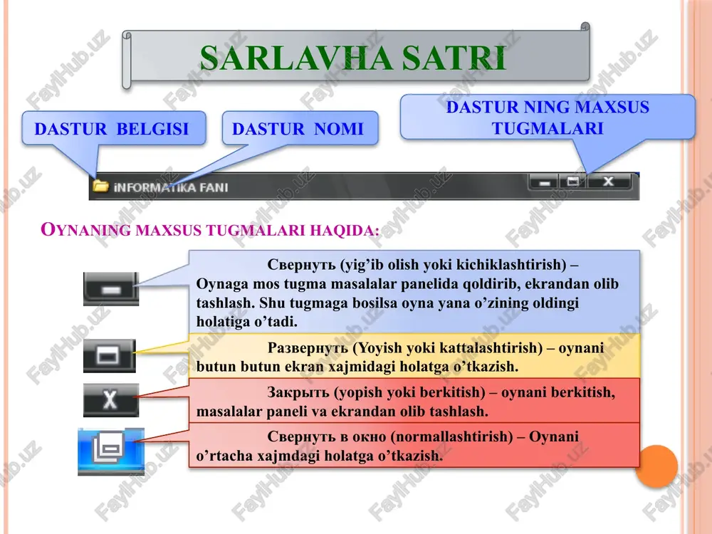 olati. kichiklashtirish – oynaga mos tugma masalalar panelida hosil bo’lish holati. 10 11 razvernut – oynani butun ekran hajmidagi holatga o’tkazish. net – oynaning muloqot elementi. hamma o’zgarishlarni bekor qilib oynani berkitish tugmasi. 12 svernut v okno – oynani ekranni butun hajmidan oldingi holatiga o’tkazish tugmasi. 13 qiziqarli krossvord . , ( ) : ; “ ” ? ! - + qoidasi: berilgan savollarga har xil belgilar quyilgan bu belgilarni jadvaldan topasiz. usha belgida joylashgan savolning javobi ni topasiz. javobning to’g’risida qanday harf berilgan bo’lsa shu harfni kalit so’ziga olib joylashtirasiz. natijada olimning ismi va familiyasi hosil bo’ladi. = belgilar savollarning javoblari kalit so’zi . oynani butun hajmdagi holati. b , oynaga mas tugma masalalar panelida qoldirib, ekrandan olib tashlash. shu tugmaga bosganimizda oyna yana o’zining oldingi holatiga o’tadi. r ( oynalarning muloqot elementi. hamma o’zgarishlarni saqlab oynani berkitish tugmasi b ) oynaning normal ya’ni oynani o’z xoliga qaytgan holati …