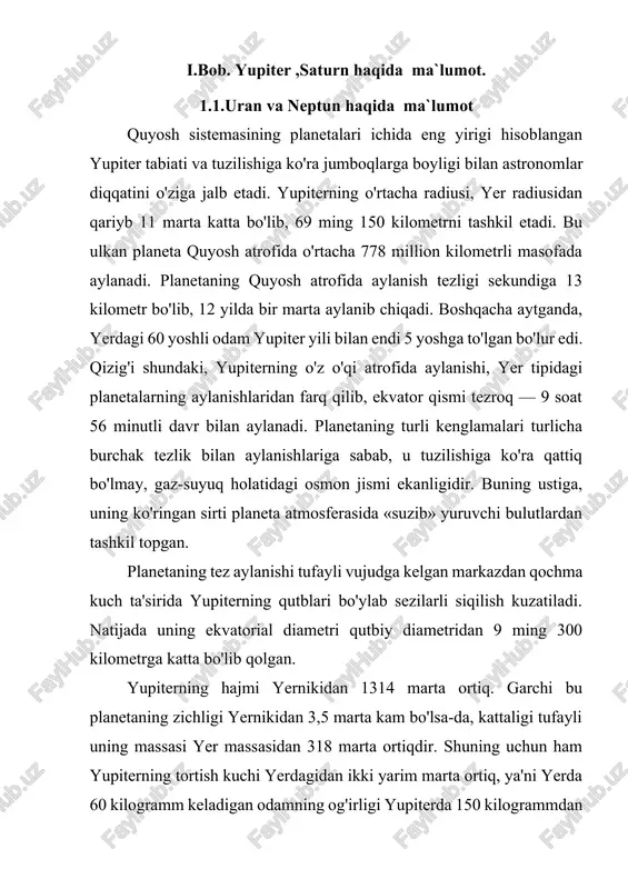 obyektlar kuzatiladi. bular ichida tabiati haligacha jumhoqligini saqlayotgan obyektlar — eni bir necha ming kilometrgacha boradigan uning ekvatorga parallel qora-qizg'ish tasmalaridir. bu tasmalar oxirgi yillarda olingan natijalar asosida planeta atiriosferasining qalin bulutlari deb tushuntiriladi. ular planetaning parallellari bo'ylab yo'nalgan bo'lib, ekvatorga nisbatan simmetrik holda joylashgan. planeta bulutlarining bunday zanjirli strukturasi uning 40 gradusli kengligigacha borib, ayrim hollarda, diametri 1000 kilometrgacha boradigan qo'ng'ir yoki ko'kish dog'larni hosil qiladi. yupiterning qadimiy «tilsim»laridan boshqa biri 1878-yili topilgan uzunligi 80 ming, eni 13 ming kilometrga cho'zilgan katta qizil dog'idir . qizig'i shundaki, bu dog' planetaning sirt detallari qatori uning sutkalik aylanishida ishtirok qilishi bilan birga goh u yonga, goh bu yonga bir necha gradusgacha siljiydi. bunday hoi katta qizil dog' planeta sirti bilan bog'lanmagan, degan xulosaga olib keldi. rus olimi g.golitsin gipotezasiga ko'ra, katta qizil dog' planeta atmosferasining uzoq davom etadigan gigant uyurmasidir. olimning bu nazariyasi kelajakda bir necha omillar bilan tasdiqlanganligi bilan e'tiborga …