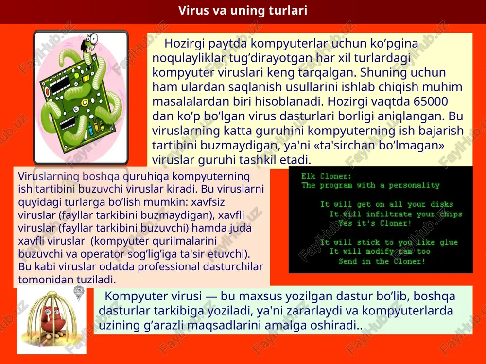 irus dasturlar bilan ta'minlash; disketalarni ishlatishdan oldin har doim virusga qarshi tekshirish qimmatli axborotlarning nusxasini har doim arxiv fayl kurinishida saqlash. proizvolniy zapusk na kompyutere kakix-libo programm chastie «zavisaniya» i sboi v rabote kompyutera medlennaya rabota kompyutera pri zapuske programm ischeznovenie ili izmenenie faylov i papok chastoe obrashenie k jestkomu disku «zavisanie» ili neojidannoe povedenie brauzera kompyuterni viruslar bilan zararlanishidan saqlash va axborotlarni ishonchli saqlash uchun quyidagi qoidalarga amal qilish lozim: kompyuterni zamonaviy antivirus dasturlar bilan ta'minlash; disketalarni ishlatishdan oldin har doim virusga qarshi tekshirish qimmatli axborotlarning nusxasini har doim arxiv fayl kurinishida saqlash. kompyuter viruslariga qarshi kurashning quyidagi turlari mavjud: viruslar kompyuterga kirib buzgan fayllarni o’z holiga qaytaruvchi dasturlarning mavjudligi; kompyuterga parol bilan kirish, disk yurituvchilarning yopik turishi disklarni yozishdan ximoyalash litsenzion dasturiy ta'minotlardan foydalanish va o’girlangan dasturlarni qo’llamaslik; kompyuterga kiritilayotgan dasturlarda virus- larning mavjudligini tekshirish viruslarga qarshi chora-tadbirlar kompyuterni viruslar bilan zararlanishidan saqlash va axborotlarni ishonchli saqlash uchun …