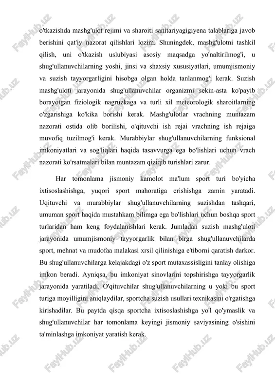 logik qulay sharoitlarda pedagog va vrach nazorati ostida o'tkaziladi. bolalar 5-6 yoshdan boshlab sportcha suzish usullari texnikasini o'rganishlari mumkin. lekin yuqori natijalarga erishish uchun maxsus sport mashg'ulotlarini 11-12 yoshdan boshlash maqsadga muvofiqdir. ongli va aktiv munosabat suzishga o'rgatishda asosiy prnnsiplar hisoblanadi. yuksak onglilik shug'ullanuvchilarning ta'lim jarayoniga munosabatida, o'rgatilayotgan materialni qabul qilish va egallagan bilimi, mahoratini ishda sinashda namoyon bo'ladi. bu shug'ullanuvchilarning aktiv faoliyati uchun asosiy zamindir. ularda bu jihatni tarbiyalash o'qituvchining o'quv materialini qanchalik puxta bilishiga, uni qiziqarli, nazariy jihatdan to'g'ri tushuntira olishiga har tomonlama bog'liq. suzishga o'rgatish jarayonida sport texnikasini o'rganish va uni egallashlari kerakligiga shug'ullanuvchilarni qiziqtirish, ularga har bir mashqning maqsadi, mazmuni va vazifalarini tushuntirish kerak. mashg'ulotlarda shug'ullanuvchilarga ayrim mashqlarni bajarishda katta erkinlik berish, ularning aktivligi va tashabbusini har tomonlama qo'llab-quvvatlash zarur. ko'rgazmalilik prinsipi shug'ullanuvchilarning o'rganilayotgan suzish texnikasi haqida to'g'ri tushunchaga ega bo'lishlariga dmkon beradi. bunda sportcha suzish usullari, start va burilishlar texnikasining ayrim elementlarini maxsus va qo'shimcha …