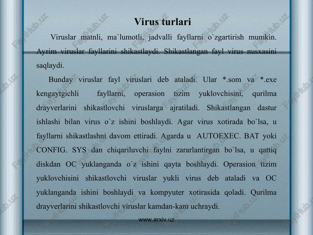 fayllarni aniqlaydi. davolovchi dasturlar shikastlangan fayllarni virusdan tozalaydi va faylni shikastlanishida avvalgi holatiga tiklaydi. revizor dasturlar kompyuterdagi fayllar xaqidagi ma`lumotni eslab qoladi, o`zgarish aniqlanganda, sizga xabar keladi. revizor doktorlari fayllardagi o`zgarishni aniqlaydi va o`z xoliga qaytaradi. boshqa kompyuterlardan disketalarda keltirilgan ma`lumotlar tekshirilishi zarur. buni dedektor-dastur yordamida bajarish mumkin. masalan, komandalar satrida aidstest a:/s /g komandasini kiritish zarur. bunda, /s-fayllarni virusga sinchiklab tekshiradi. /g-diskdagi barcha fayllarni tekshiradi. har ehtimolga qarshi shikastlangan komp`yutirni davolash uchun zarur dasturli disketalarni tayyorlab qo`yish zarur. www.arxiv.uz www.arxiv.uz bu: tizimli desketa ; disklarni formatlovchi dasturlar ; ko’p ishlatiladigan dasturlar; arxivdan tiklovchi programalar; viruslarni aniqlovchi va davolovchi dasturlar. bu dasturli disketalarning xar birida command.com fayli bo`lishi qulayroq virus va uning turlari hozirgi kunda kompyuter viruslari g‘arazli maqsadlarda ishlatiluvchi turli xil dasturlarni olib kelib tatbiq etishda eng samarali vositalardan biri hisoblanadi. kompyuter viruslarini dasturli viruslar deb atash to‘g‘riroq bo‘ladi. dasturli virus deb avtonom ravishda ishlash, boshqa dastur tarkibiga o‘z …