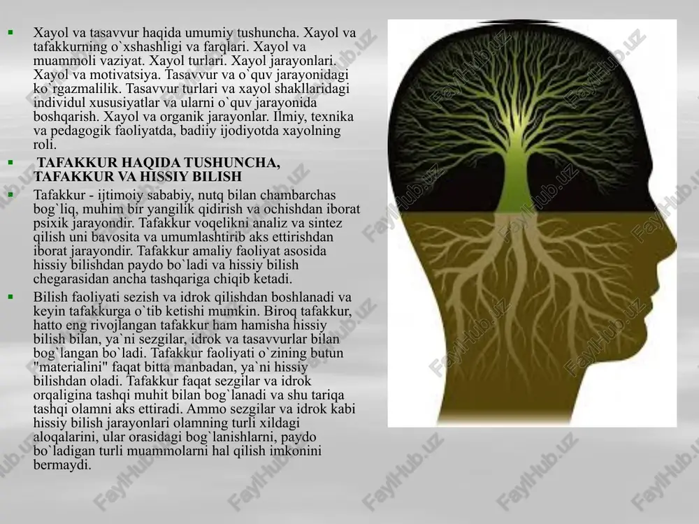 lari psixologiyada tafakkur turlarining quyidagi sodda va birmuncha shartli klassifikatsiyasi tarqalgandir: 1) ko’rgazmali-harakat; 2) ko’rgazmali-obrazli; 3) mavhum (nazariy) tafakkur. ko’rgazmali-harakat tafakkuri. tarixiy taraqqiyot davomida odamlar o`z oldilarida turgan masalalarni dastlab amaliy faoliyat nuqtai nazaridan echganlar; keyinchalik undan nazariy faoliyat ajralib chiqqan. dastlab erni qadamlab o`lchangan, keyinchalik uning asosida geometriya fani shakllangan. bu shuni anglatadiki, sof nazariy faoliyat birlamchi emas, balki amaliy faoliyatning o`zi birlamchidir. bog`chagacha yosh davrida bolada asosan ko`rgazmali-harakat tafakkuri ustun bo`ladi. hamma ish, "o`ylash", bilish jarayoni harakatlar vositasida amalga oshiriladi. ko`rgazmali-obrazli tafakkur. ko`rgazmali-obrazli tafakkur sodda shaklda asosan bog’cha yoshidagi bolalarda nomoyon bo`ladi. ularda tafakkurning harakatli shakllari saqlanib qolsa ham, ular to`g`ridan-to`g`ri yuzaga chiqmaydi. endi bola narsa va hodisalarning bevosita idrok qilinayotgandagi obraziga suyanib fikr yuritadi. agar shu yoshdagi bolaga ikkita bir xil xajmdagi xamirdan qilingan sokka ko`rsatilsa, u ularning tengligini aytadi. keyin ularning ko`z o`ngida soqqalardan biri non shakliga keltiriladi. bolalar yassilantirilib, non shakliga keltirilgan soqqani ko`p, katta …