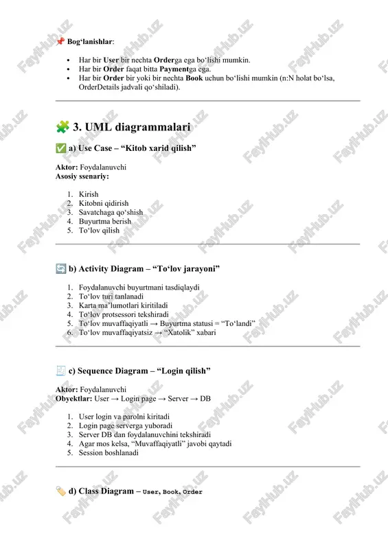 uml diagrammalari ✅ a) use case – “kitob xarid qilish” aktor: foydalanuvchi asosiy ssenariy: 1. kirish 2. kitobni qidirish 3. savatchaga qo‘shish 4. buyurtma berish 5. to‘lov qilish 🔄 b) activity diagram – “to‘lov jarayoni” 1. foydalanuvchi buyurtmani tasdiqlaydi 2. to‘lov turi tanlanadi 3. karta ma’lumotlari kiritiladi 4. to‘lov protsessori tekshiradi 5. to‘lov muvaffaqiyatli → buyurtma statusi = “to‘landi” 6. to‘lov muvaffaqiyatsiz → “xatolik” xabari 🧾 c) sequence diagram – “login qilish” aktor: foydalanuvchi obyektlar: user → login page → server → db 1. user login va parolni kiritadi 2. login page serverga yuboradi 3. server db dan foydalanuvchini tekshiradi 4. agar mos kelsa, “muvaffaqiyatli” javobi qaytadi 5. session boshlanadi 🏷 d) class diagram – user, book, order csharp kopirovatredaktirovat class user { +user_id: int +name: string +email: string +password: string } class book { +book_id: int +title: string +author: string +price: float +stock: int } class order { +order_id: …