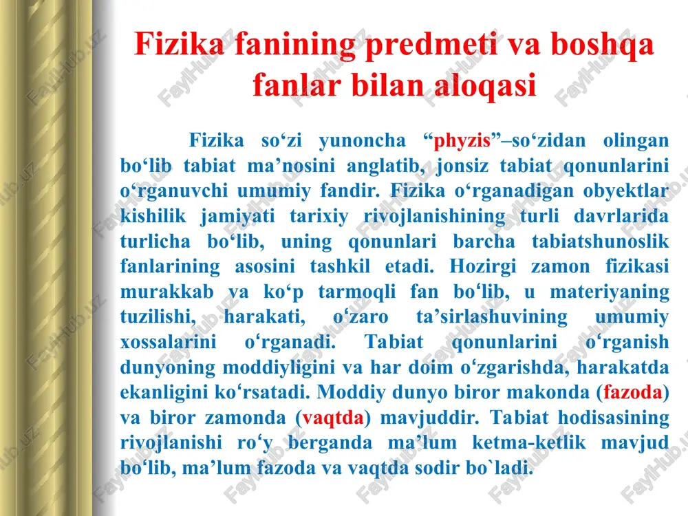 ida olinadi, sanoq jismi bilan bog‘langan fazoviy sistemani tasavvur qilish mumkin. bu sistemani o‘zaro perpendikulyar bo‘lgan uchta koordinata o‘qlari orqali tasvirlansa vaziyat yanada oydinlashadi. bu o‘qlardagi uzunlik birligi - koordinatalar deyiladi. tajribaning ko‘rsatishicha harakat tanlangan sanoq jismga va harakat yo‘nalishiga bog‘liq emas. mexanik harakat deb, fazodagi jism vaziyatining boshqa jismlarga nisbatan vaqt o‘tishi bilan o‘zgarishiga aytiladi. vaqt - shu jarayonning davomiyligi o‘lchovidir. vaqt birligi qilib quyosh sutkasining ya’ni er o‘z o‘qi atrofida bir marta to‘la aylanishi vaqtining 86400 dan bir qismi qabul qilingan. hozirgi vaqtda xalqaro birliklar sistemasida (xbs) uzunlik birligi - metr, vaqt birligi – sekund, massa birligi kilogram (kg) qabul qilingan. quyosh sutkasi yil davomida bir muncha o‘zgarganligi tufayli o‘rtacha quyosh sutkasi tushunchasidan foydalanadi. asosiy etalon sifatida tropik yil ya’ni quyosh markazining bahorgi teng kunlik nuqtasidan ikki marta ketma-ket o‘tishi oralig‘idagi vaqt qabul qilingan edi. lekin vaqtni bunday aniqlash juda yaxshi takrorlanuvchanlikka erishib bo‘lmasligini ko‘rsatdi. shuning uchun hozirgi …