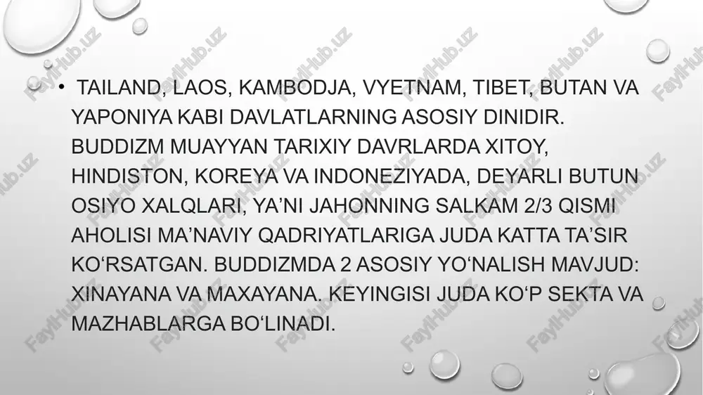 rzidan saqlanish; toʻgʻri fikr yuritish – kamolotning toʻrt bosqichini ketma-ket bosib oʻtish; toʻgʻri gapirish – yolgʻondan, tuhmatdan, haqoratdan va befoyda gaplardan saqlanish. 3. donishmandlik – bu buddizmning asosiy maqsadi boʻlib, narsalar tabiatini toʻgʻri tushunishdan iborat. yuqorida koʻrsatilgan uch amaliyot bosqichini oʻtagan inson oxir-oqibat oliy saodatga, yaʼni nirvana holatiga erishadi. nirvana soʻzining lugʻaviy maʼnosi – „oʻchish, soʻnish“. unda hayotning har qanday koʻrinishiga intilish yoʻqoladi. etiboringgiz uchun rahmat! image3.png image1.png /docprops/thumbnail.jpeg