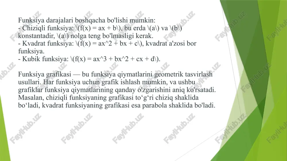 klida bo'lib, u parabola shaklida grafikga ega. - **ko'rsatkichli funksiya**: \( f(x) = a^x \), bu erda \( a \) musbat haqiqiy son. image1.png /docprops/thumbnail.jpeg