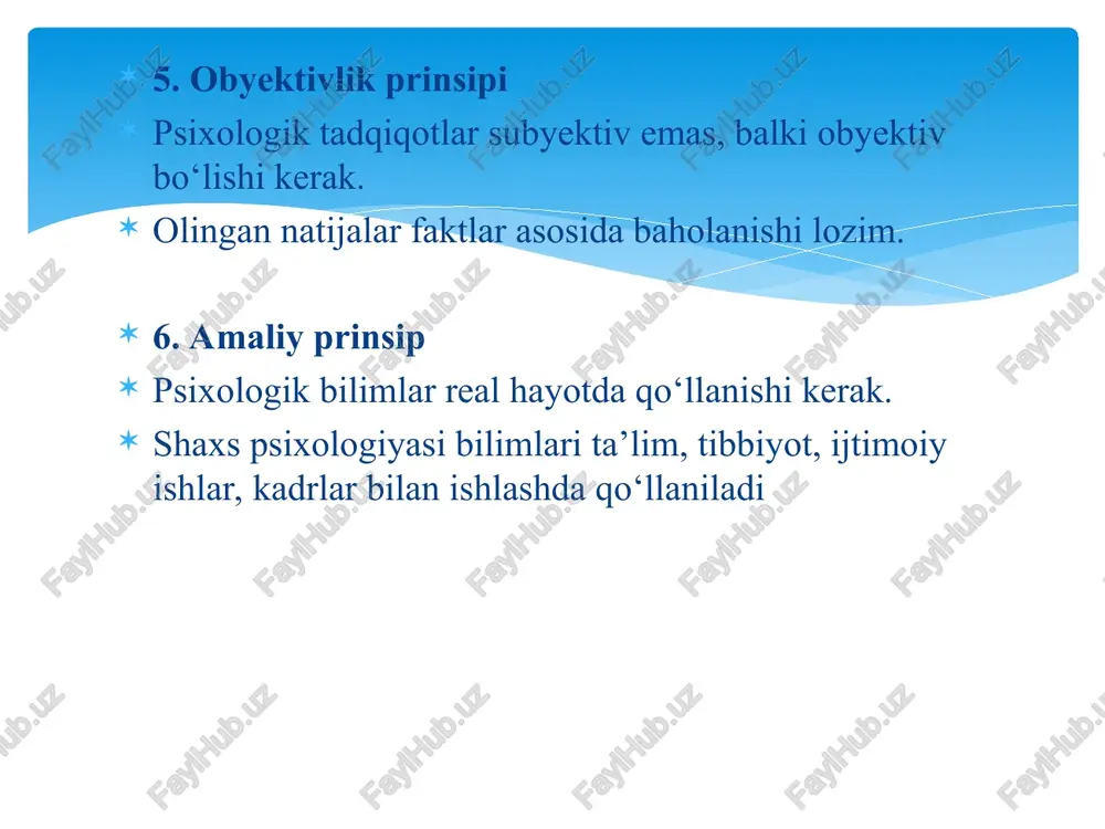 y munosabatlarda faoliyat orqali namoyon bo‘ladigan psixologik tizim; ijtimoiy rollar, motivlar, qadriyatlar, e’tiqod va dunyoqarash tizimi egasi. psixologiyada “shaxs” tushunchasi individual psixologik xususiyatlar, ijtimoiy munosabatlar va faoliyatdagi o‘ziga xoslik bilan bog‘liq holda qaraladi. shaxsni o‘rganish. psixologiya tarixida shaxsning o‘rni 5. sovet psixologiyasi va shaxs nazariyalari l.s. vygotskiy, a.n. leontyev, b.g. ananyev shaxsni faoliyat orqali tushunishga harakat qilgan. shaxs — bu ijtimoiy munosabatlar va faoliyat mahsuli. vygotskiy shaxs rivojini sotsiokultural muhit bilan bog‘lagan: inson ongi ijtimoiylashuv orqali shakllanadi. 6. zamonaviy psixologiyada shaxsni o‘rganish yo‘nalishlari biopsixologik yondashuv shaxsning biologik, genetik, nevrologik asoslari o‘rganiladi. ijtimoiy-psixologik yondashuv shaxsning ijtimoiy rollari, guruhdagi o‘rni, ijtimoiy identifikatsiyasi tahlil qilinadi. fenomenologik yondashuv shaxsning subyektiv tajribasi, dunyoqarashi asosida tahlil qilinadi. tarixiy-madaniy yondashuv shaxsning rivoji uning yashayotgan davri, madaniyati va qadriyatlari bilan bog‘lab tushuniladi. 7. shaxsni o‘rganishning zamonaviy usullari psixologik testlar (mbti, big five, mmpi) intervyu va suhbat usullari biografik metod eksperimental usullar so‘rovnoma kuzatuv shaxsni o‘rganish — psixologiya fanining …