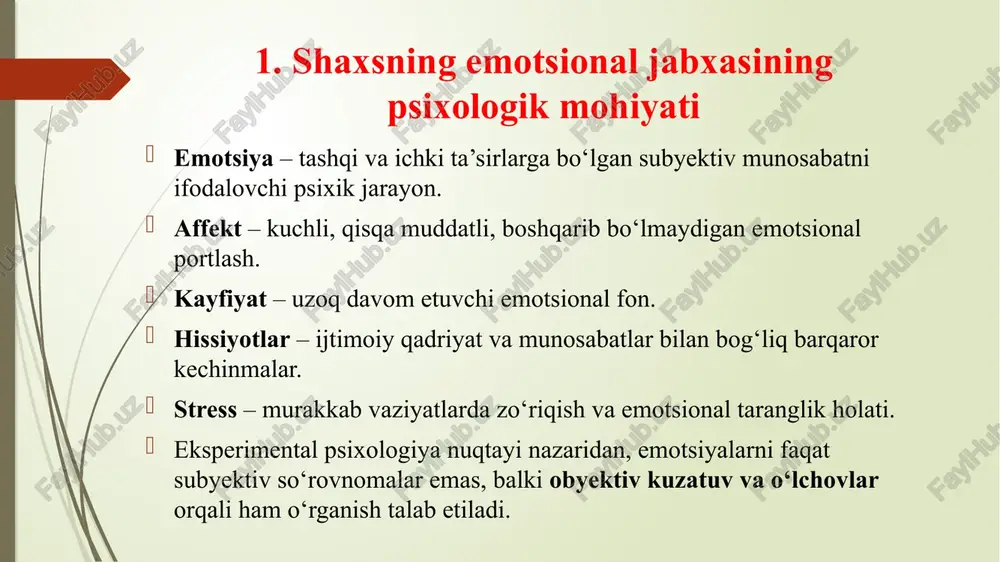 tanada jismoniy simptomlar sifatida namoyon bo‘ladi. xavotir va fobiya – ong ostidagi qo‘rquv va tajribalar ongli ravishda tushunilmagan bo‘lsa-da, emotsional reaktsiyalarni keltirib chiqaradi. 6. emotsiyalarni ong ostidan ongli darajaga olib chiqish psixologiyada turli yondashuvlar qo‘llanadi: psixoanaliz – bostirilgan emotsiyalarni tushunish orqali ularni ongli darajaga olib chiqish. kognitiv terapiya – ong ostidagi noto‘g‘ri fikr va e’tiqodlarni aniqlash. mindfulness va meditatsiya – ong ostidan chiqayotgan hissiyotlarni kuzatish va qabul qilish. xulosa eksperimental psixologiyada shaxsning emotsional jabxasini o‘rganish metodlari hissiy jarayonlarni subyektiv va obyektiv tomondan kompleks tahlil qilish imkonini beradi. emotsiyalarni faqat subyektiv baholash emas, balki laboratoriya tajribalari va psixofiziologik o‘lchovlar orqali ham tadqiq etish zarur. bu nafaqat nazariy bilimlarni boyitadi, balki amaliy faoliyatda – ta’lim, tibbiyot, kasbiy tanlov va ijtimoiy psixologik jarayonlarda samarali qo‘llanadi. /docprops/thumbnail.jpeg
