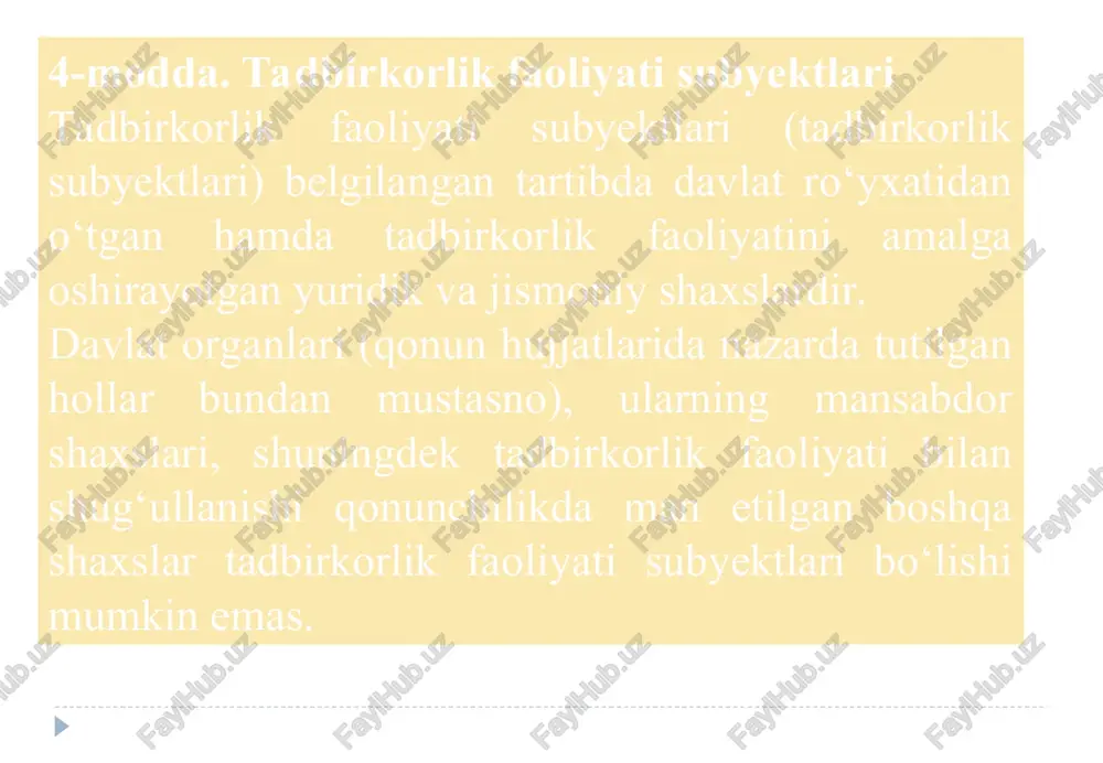 o‘zbekiston respublikasi prezidentining farmoni tadbirkorlik subyektlarini toifalarga ajratish mezonlari hamda soliq siyosati va soliq ma’muriyatchiligini yanada takomillashtirish chora-tadbirlari to‘g‘risida a) kichik tadbirkorlik subyektlari: yakka tartibdagi tadbirkorlar; mikrofirmalar — ta’sischilari (ishtirokchilari) jismoniy shaxslar bo‘lgan hamda jami daromadi kalendar yil davomida 1 milliard so‘mgacha bo‘lgan tadbirkorlik subyektlari; kichik korxonalar — jami daromadi kalendar yil davomida 1 milliard so‘mdan 10 milliard so‘mgacha bo‘lgan hamda ushbu kichik bandning uchinchi xatboshisidagi ta’sischilari (ishtirokchilari) yuridik shaxslar bo‘lgan tadbirkorlik subyektlari; b) o‘rta tadbirkorlik subyektlari — jami daromadi kalendar yil davomida 10 milliard so‘mdan 100 milliard so‘mgacha bo‘lgan tadbirkorlik subyektlari; v) yirik tadbirkorlik subyektlari — jami daromadi kalendar yil davomida 100 milliard so‘m va undan yuqori bo‘lgan tadbirkorlik subyektlari. tadbirkorlik subyektlarini soliqqa tortish qonun hujjatlariga muvofiq amalga oshirilishi ma’lumot uchun qabul qilinsin. belgilansinki, 2023-yil 1-apreldan boshlab: b) jami daromadi 10 milliard so‘mdan kam bo‘lmagan tadbirkorlik subyektlari uchun davlat xaridlarida 20 foizlik kvota joriy etiladi va ushbu xaridlar doirasida …